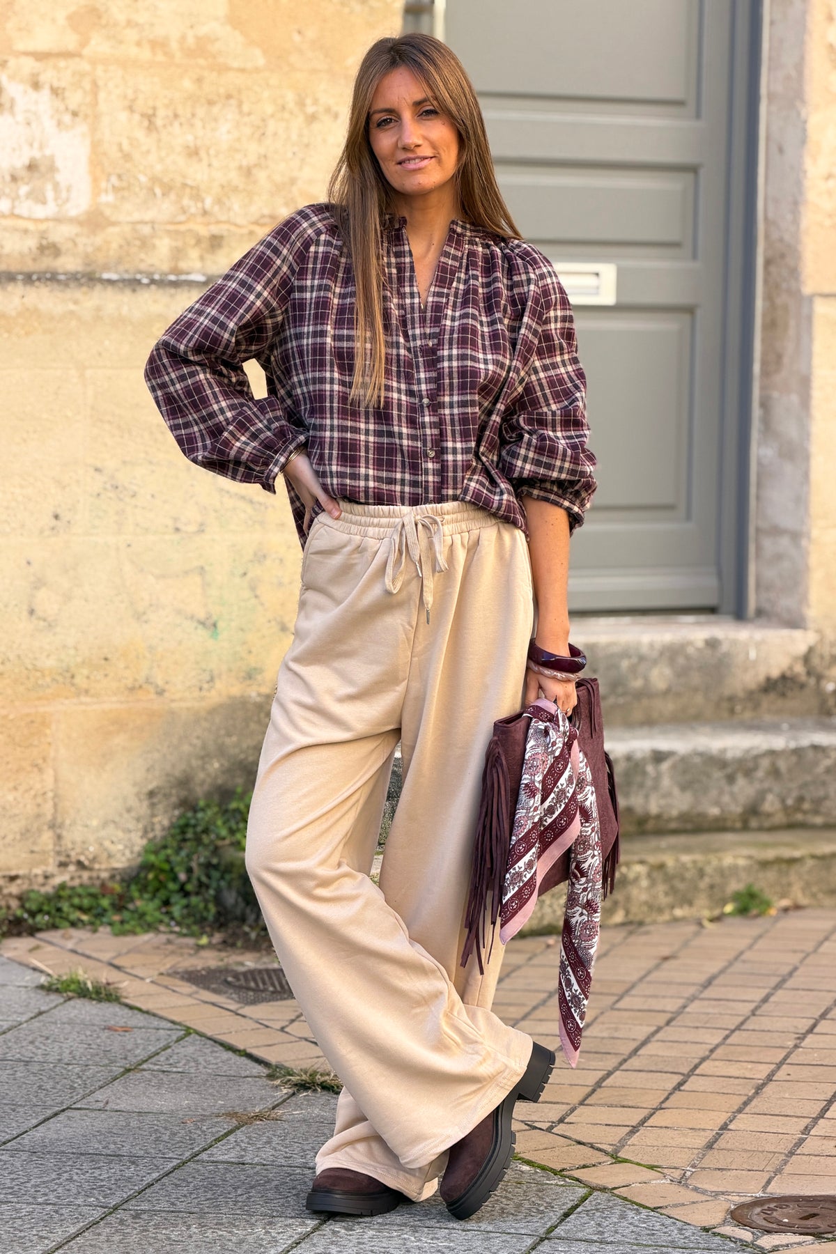 Jogging beige wide leg en coton taille élastique