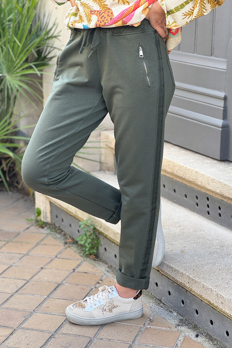 Dark Olive Zip-Pocket Chevron Trim Casual Cotton Joggers