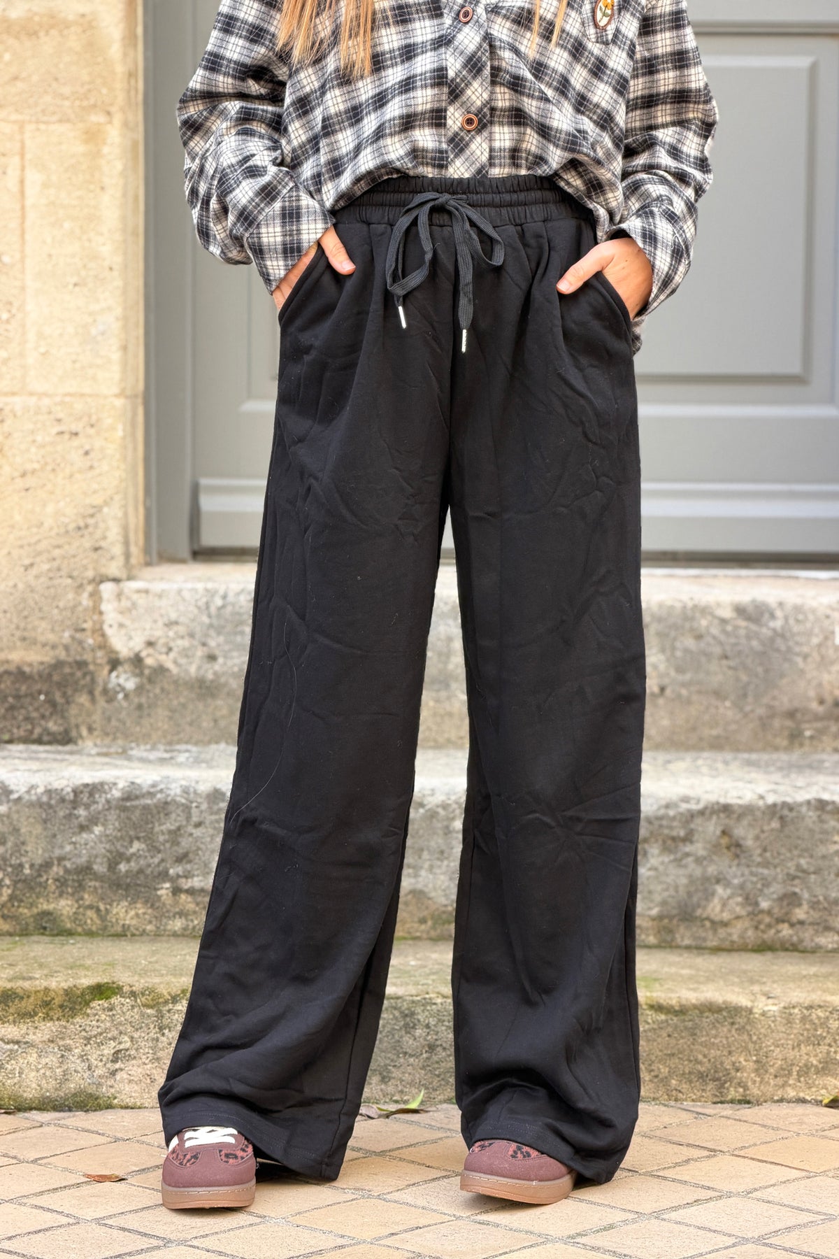 Jogging noir wide leg en coton taille élastique