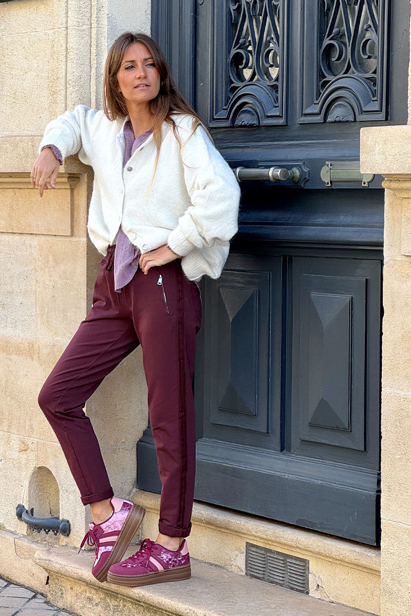 Burgundy Zip-Pocket Chevron Trim Casual Cotton Joggers