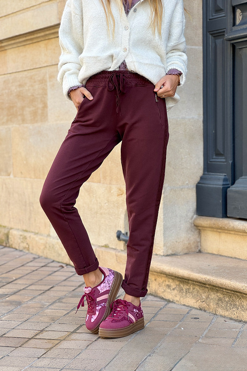 Burgundy Zip-Pocket Chevron Trim Casual Cotton Joggers