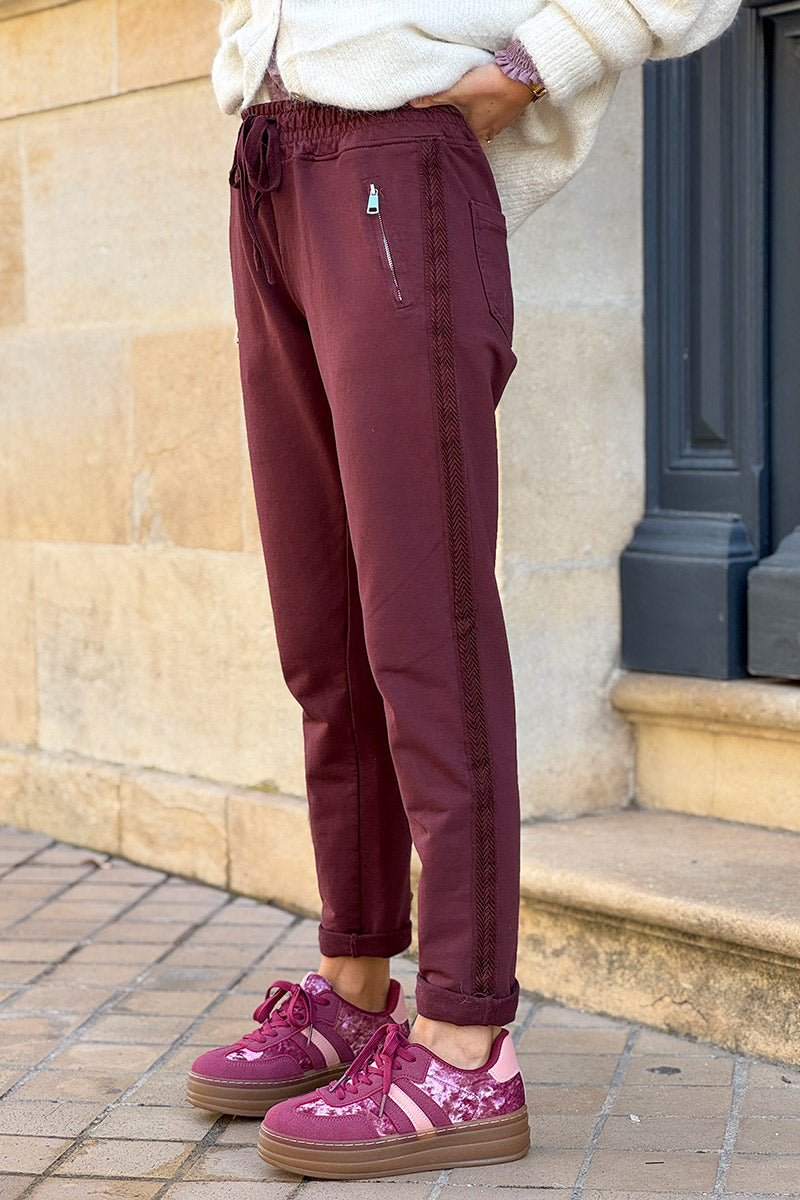 Burgundy Zip-Pocket Chevron Trim Casual Cotton Joggers