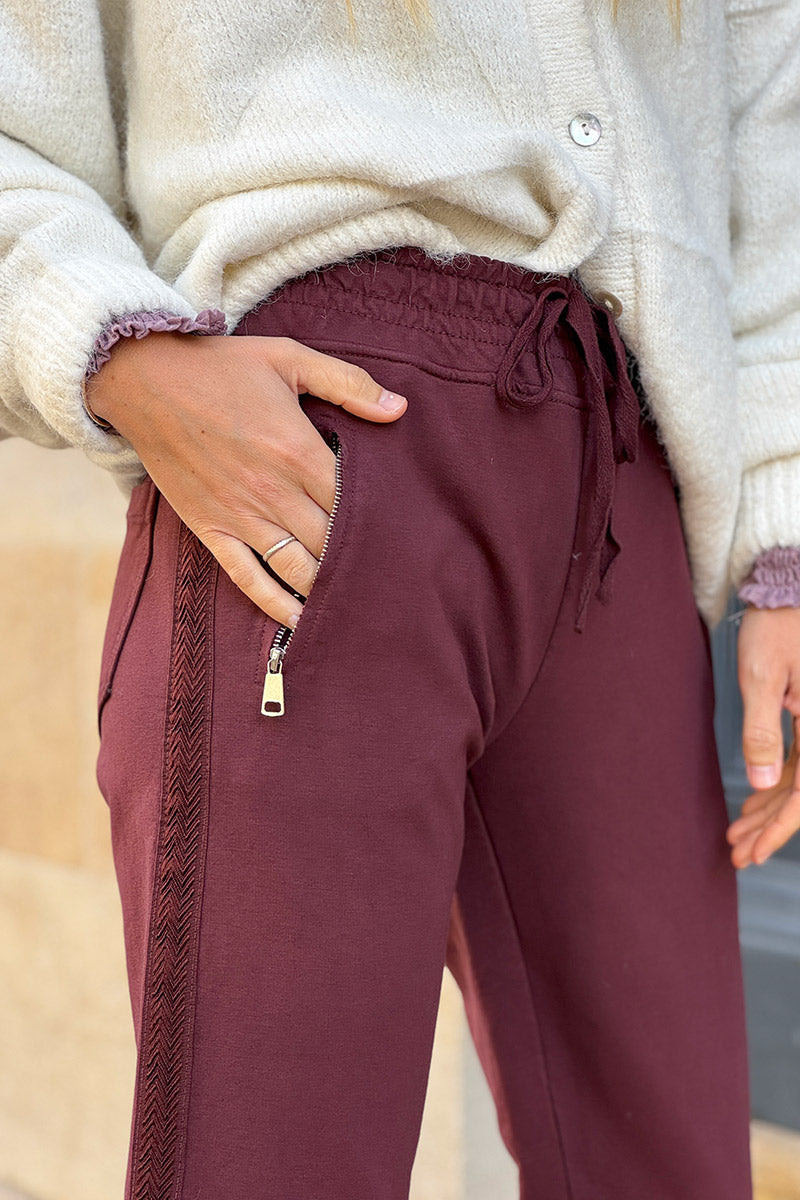 Burgundy Zip-Pocket Chevron Trim Casual Cotton Joggers
