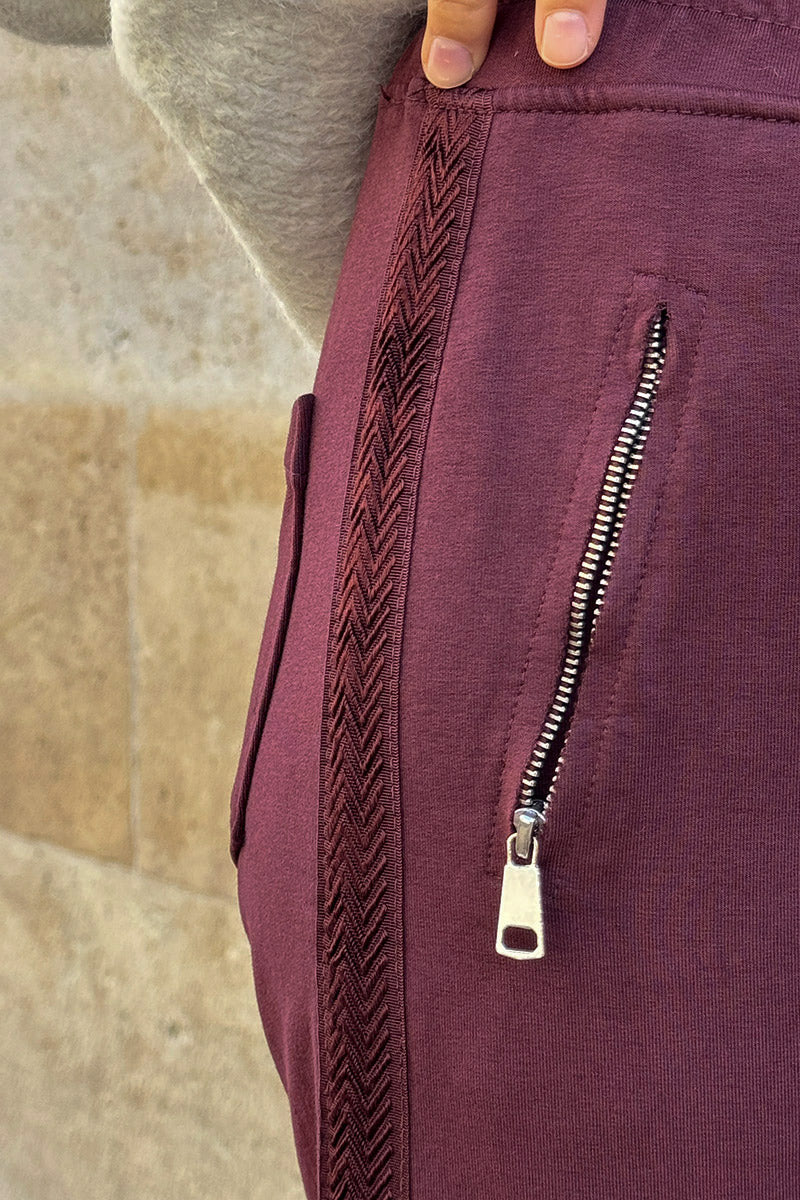 Burgundy Zip-Pocket Chevron Trim Casual Cotton Joggers