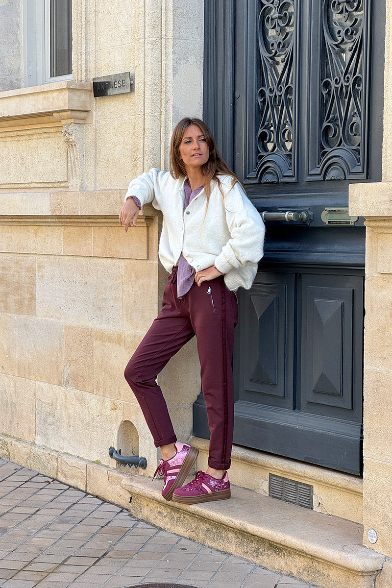 Burgundy Zip-Pocket Chevron Trim Casual Cotton Joggers