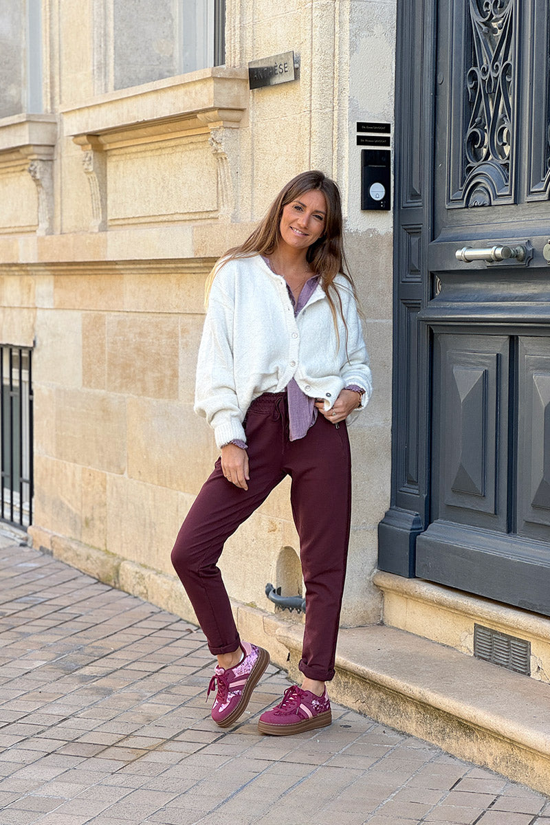 Burgundy Zip-Pocket Chevron Trim Casual Cotton Joggers