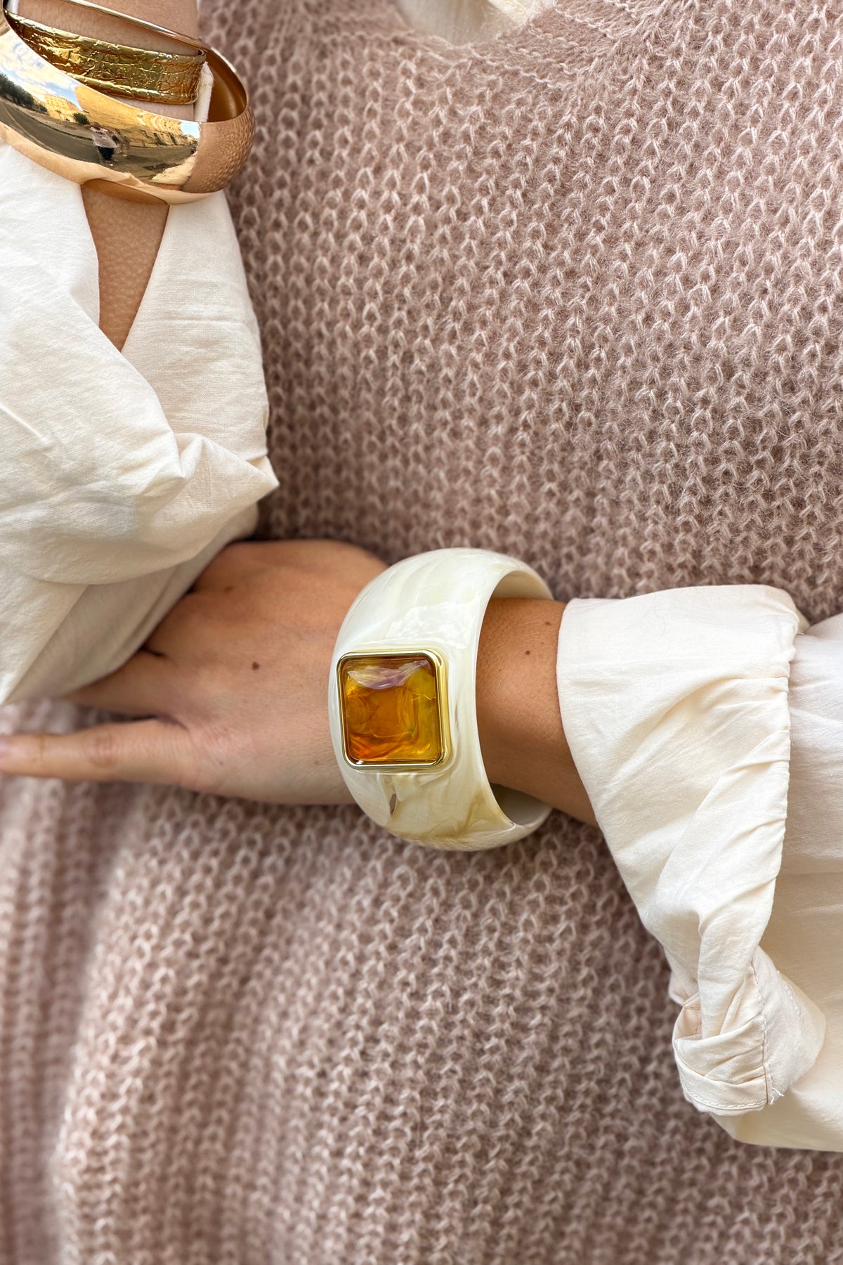 White Lucite Bangle with Statement Stone