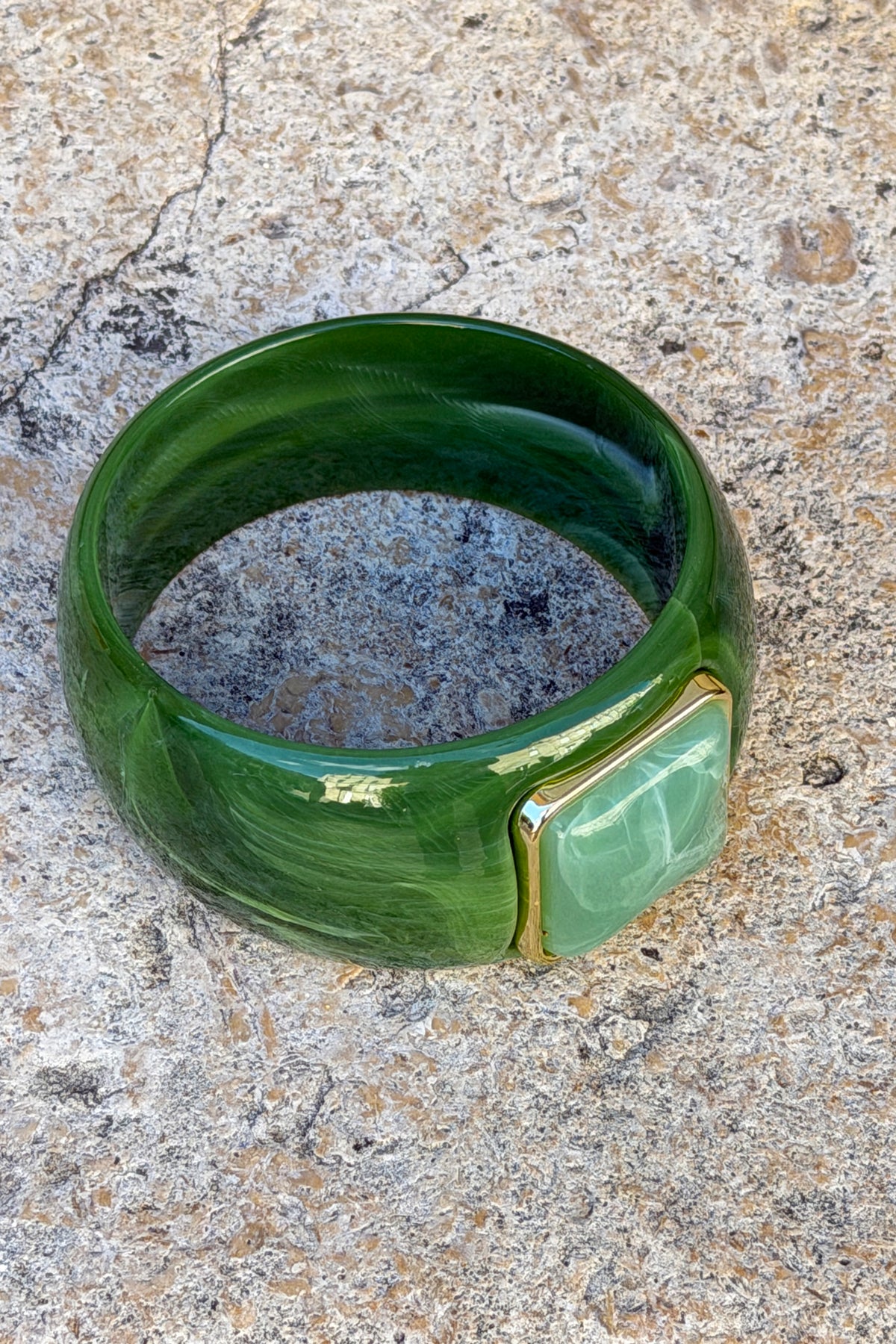 Moss Green Lucite Bangle with Statement Stone
