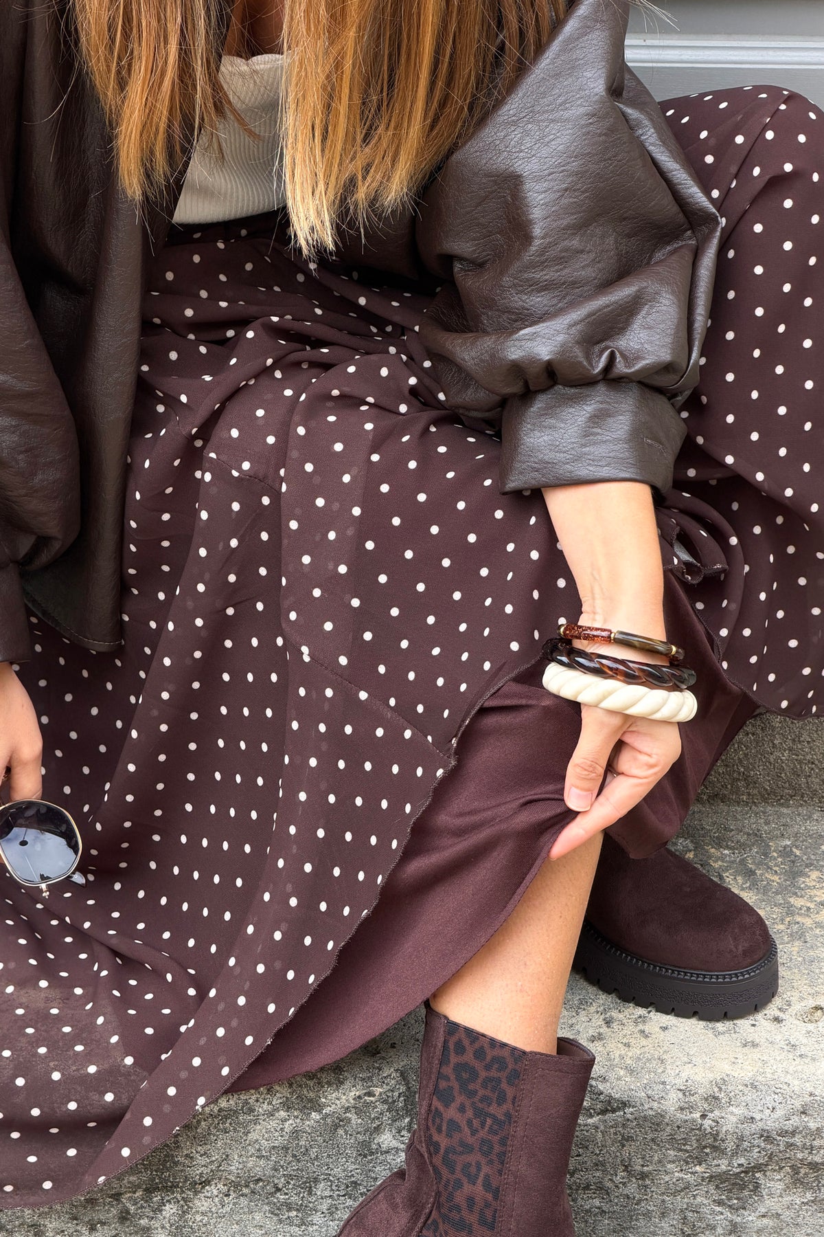 Jupe fluide marron doublée imprimé pois taille élastique