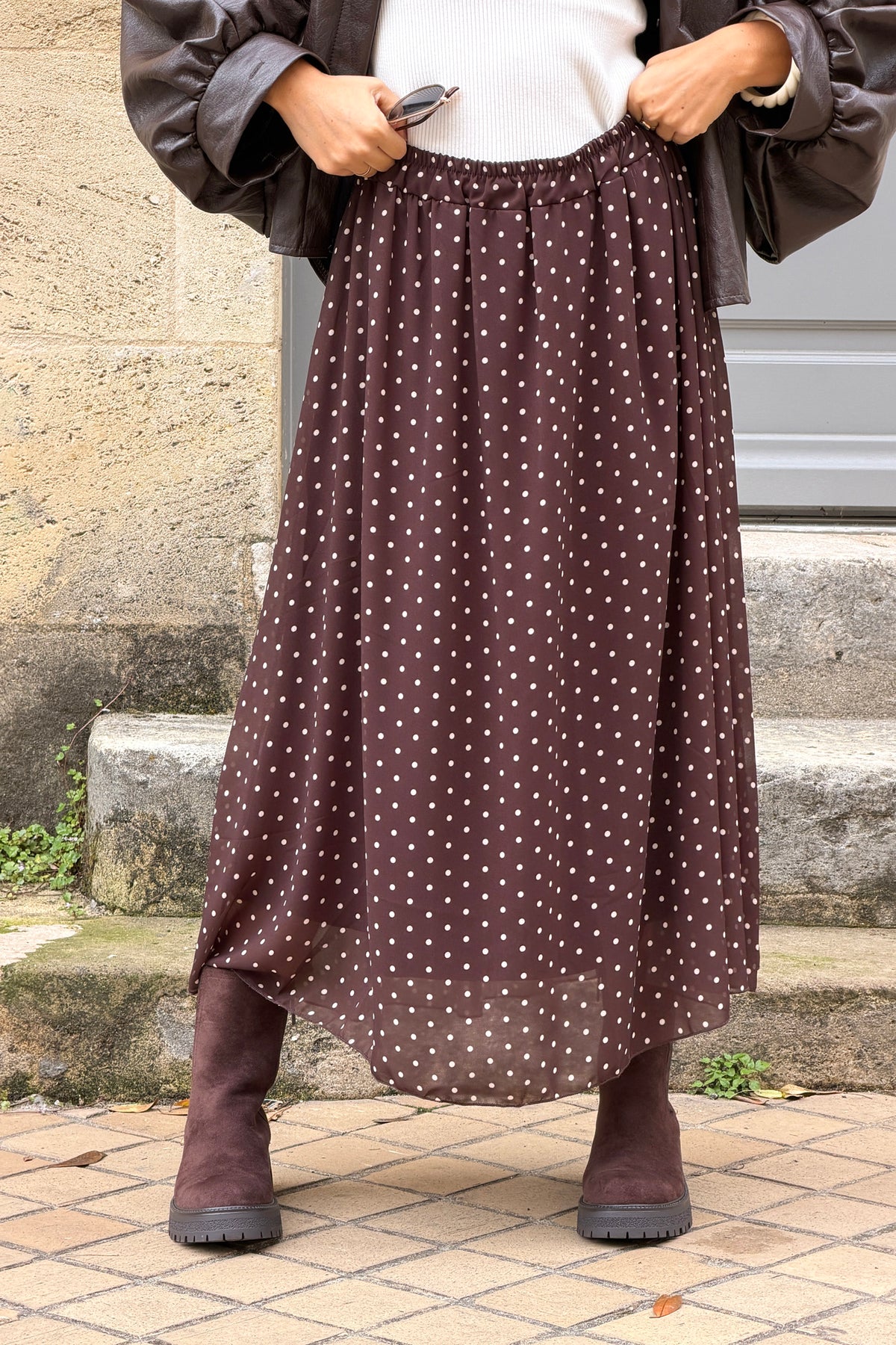 Jupe fluide marron doublée imprimé pois taille élastique