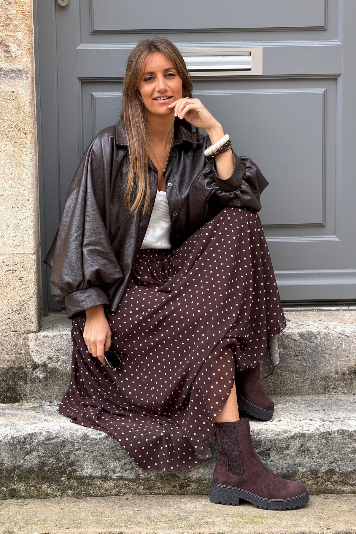 Jupe fluide marron doublée imprimé pois taille élastique