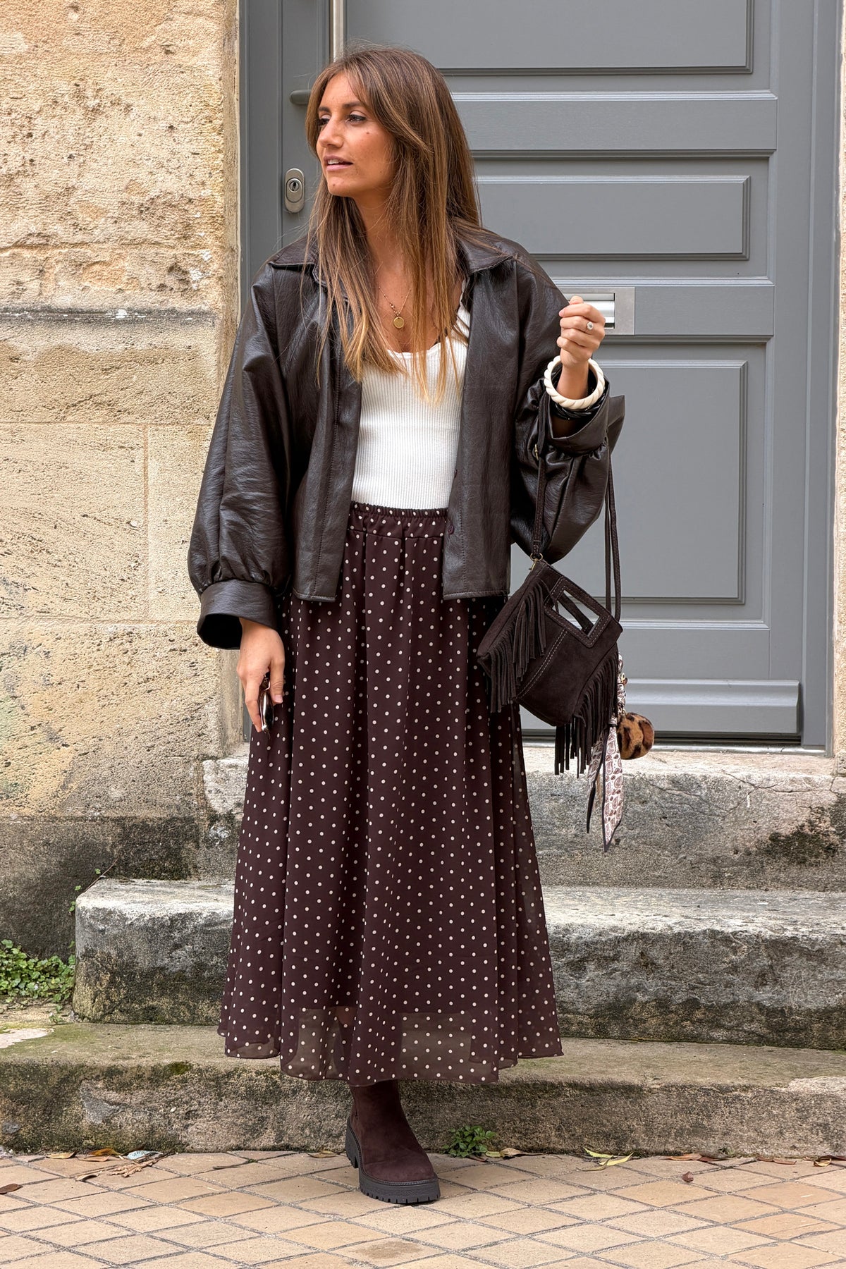 Jupe fluide marron doublée imprimé pois taille élastique