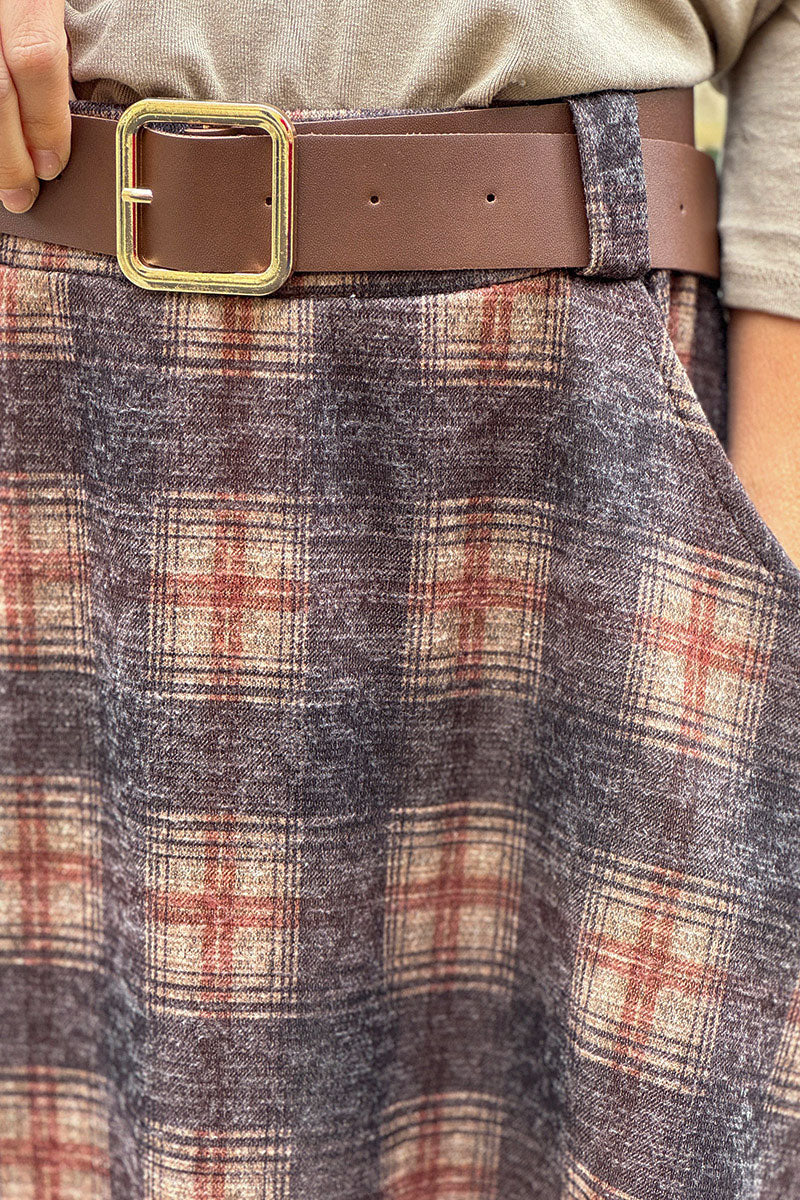 Charcoal Plaid Blanket Skirt with Belt