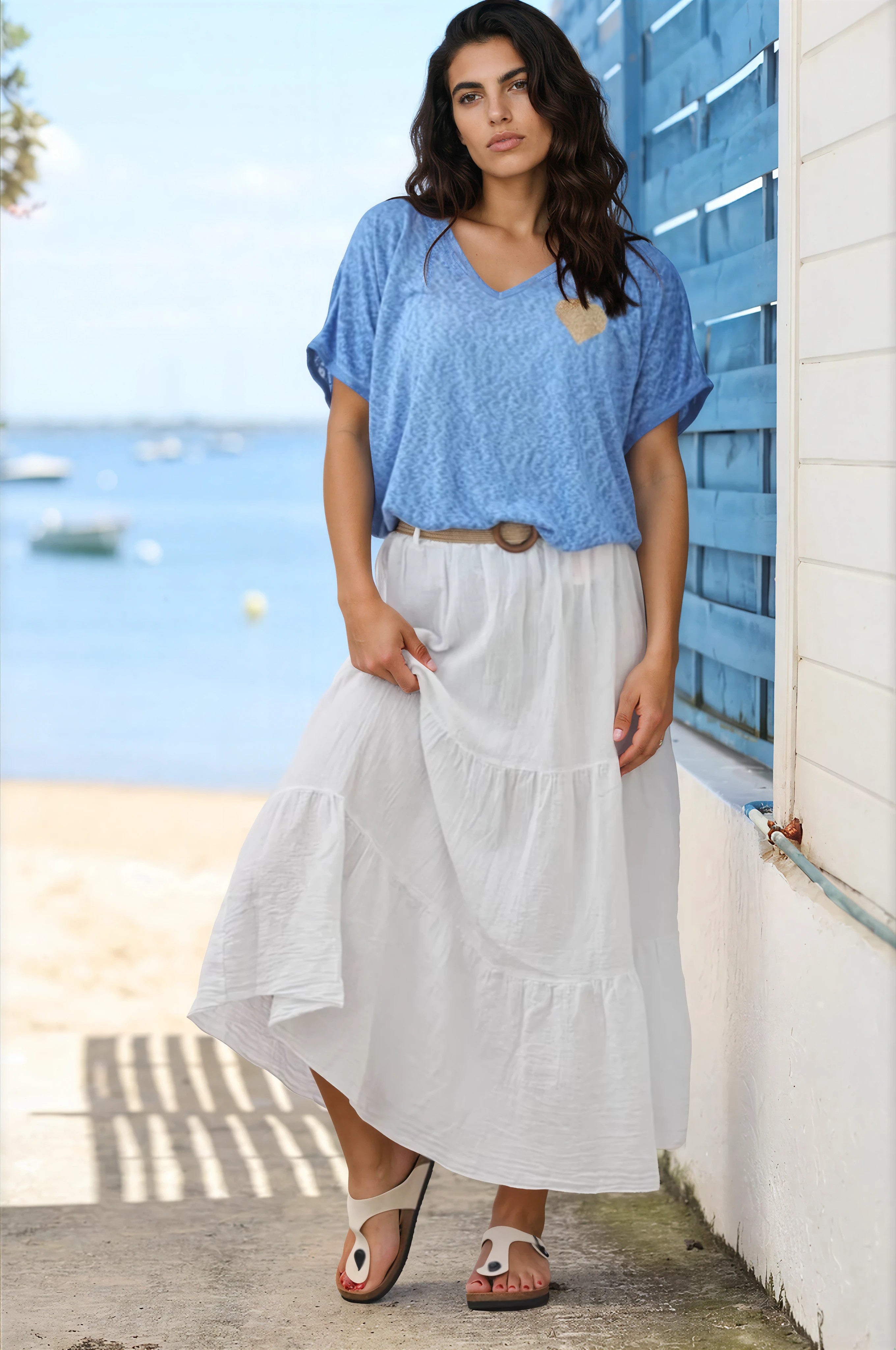 Jupe longue blanche en coton avec taille elastique
