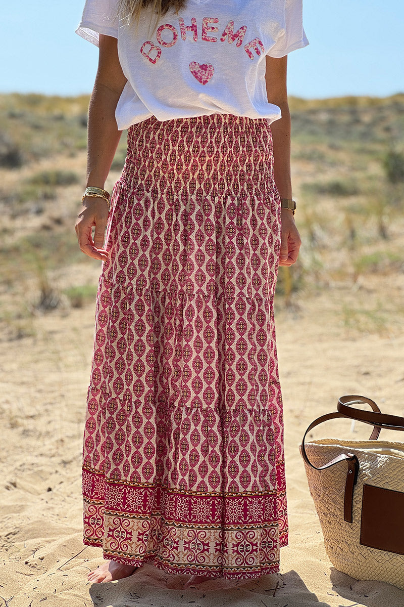 Fuchsia Pink Batik Print Boho Skirt
