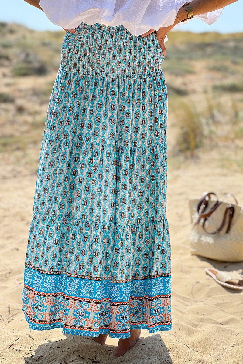 Turquoise Batik Print Boho Skirt
