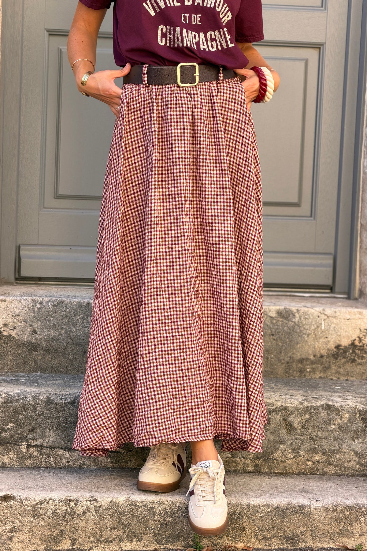 Jupe longue style flanelle imprimé petits carreaux vichy aubergine taille élastique