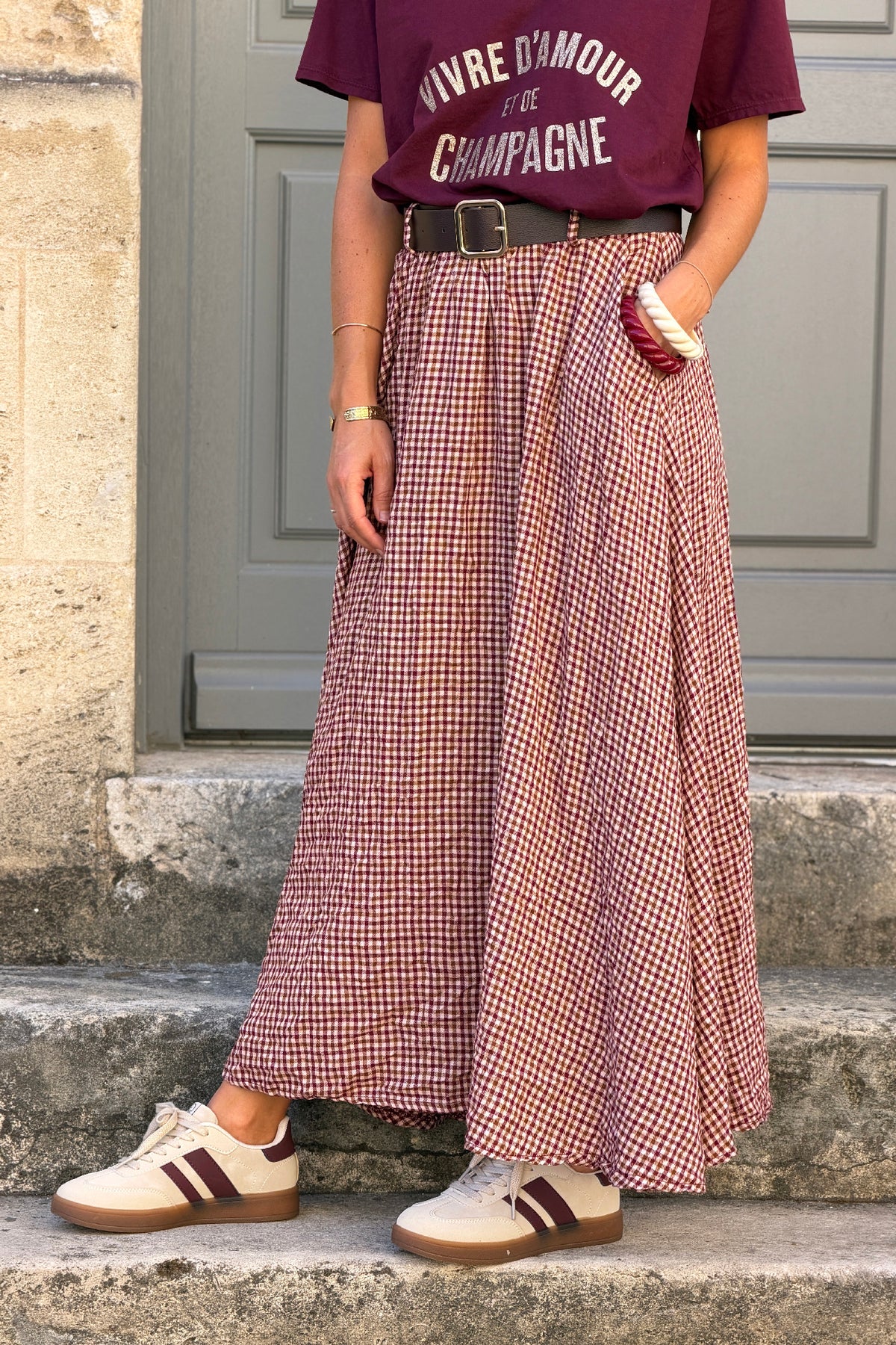 Jupe longue style flanelle imprimé petits carreaux vichy aubergine taille élastique