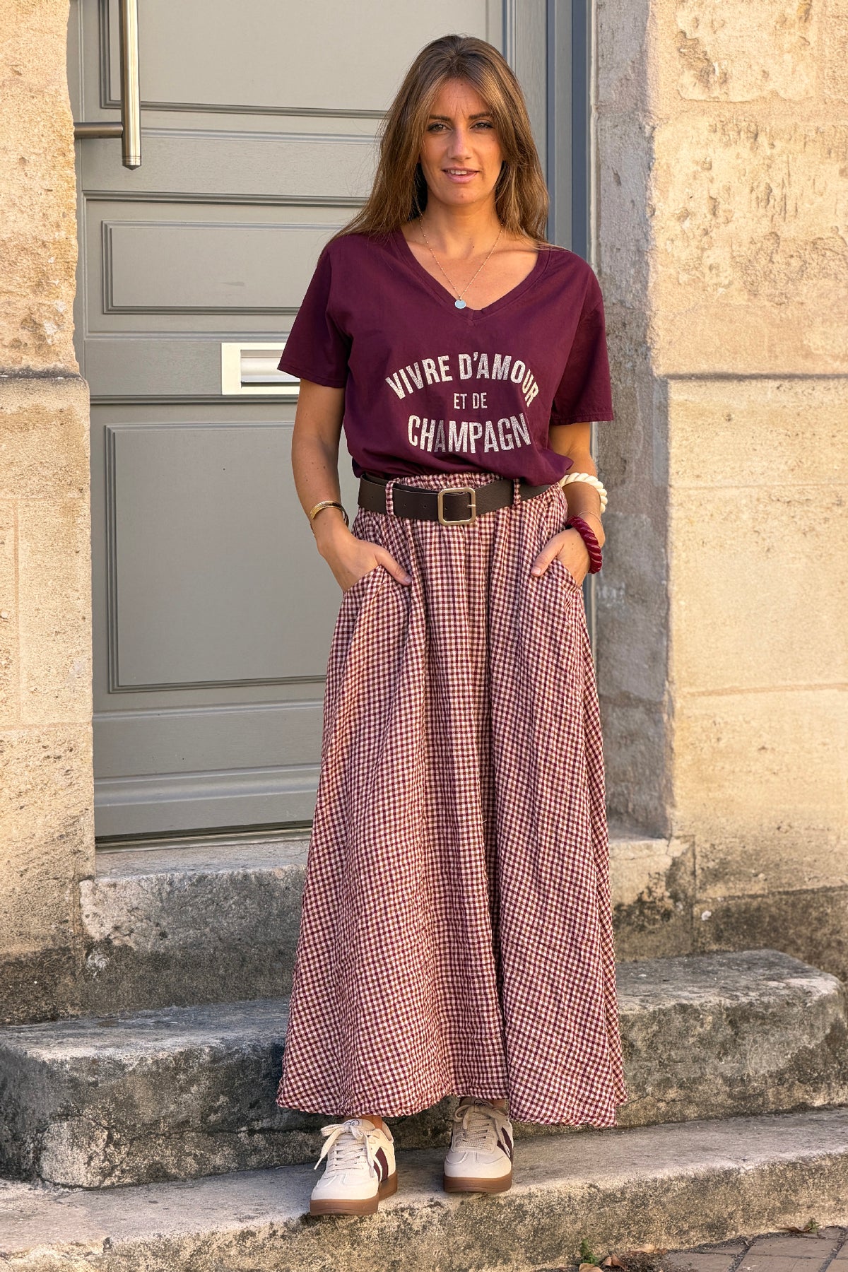 Jupe longue style flanelle imprimé petits carreaux vichy aubergine taille élastique