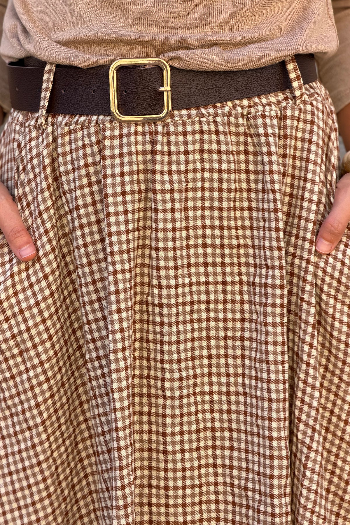 Jupe longue style flanelle imprimé petits carreaux vichy marron et beige taille élastique