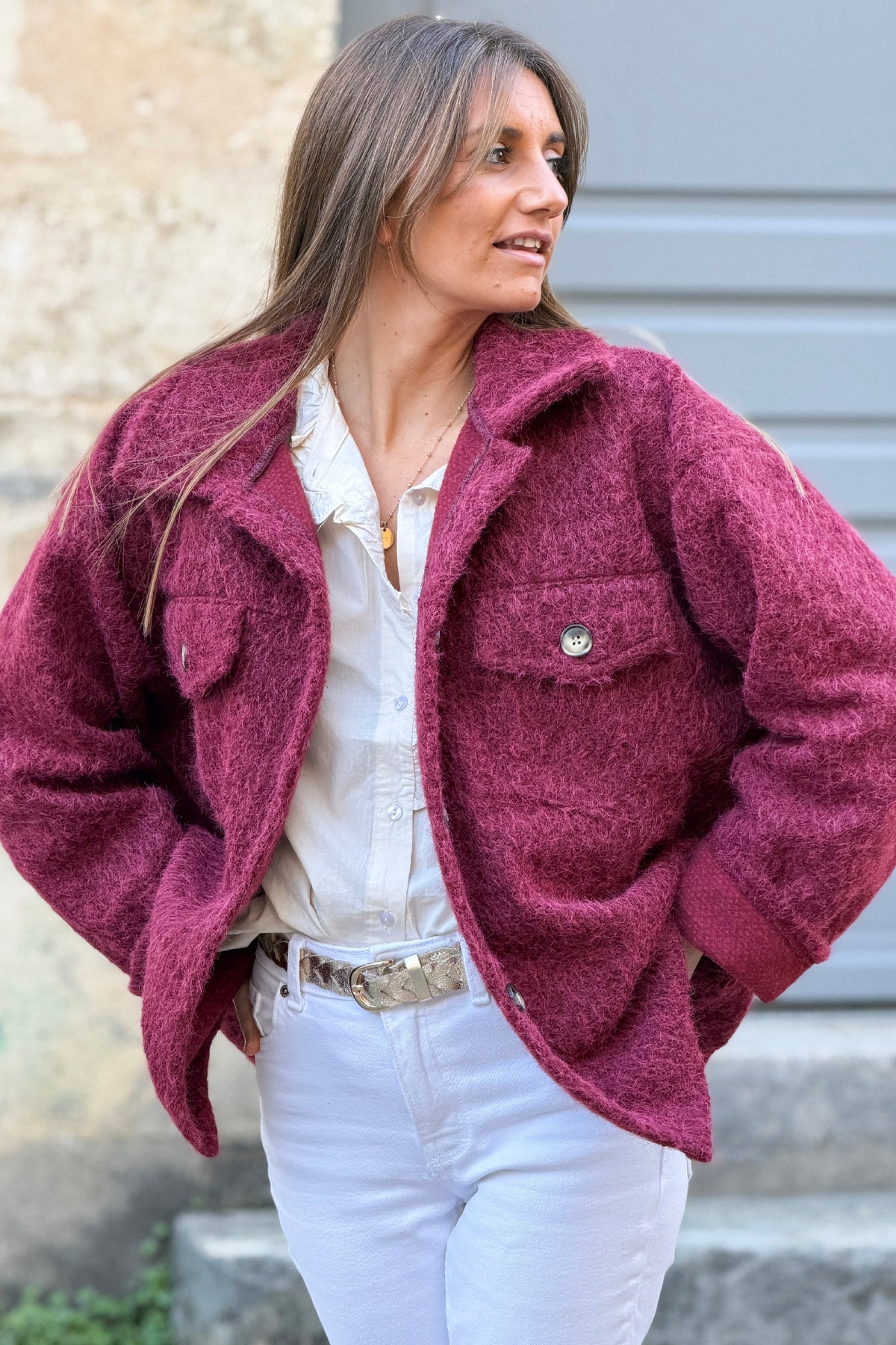 Burgundy Fuzzy Knit Sweater Coat