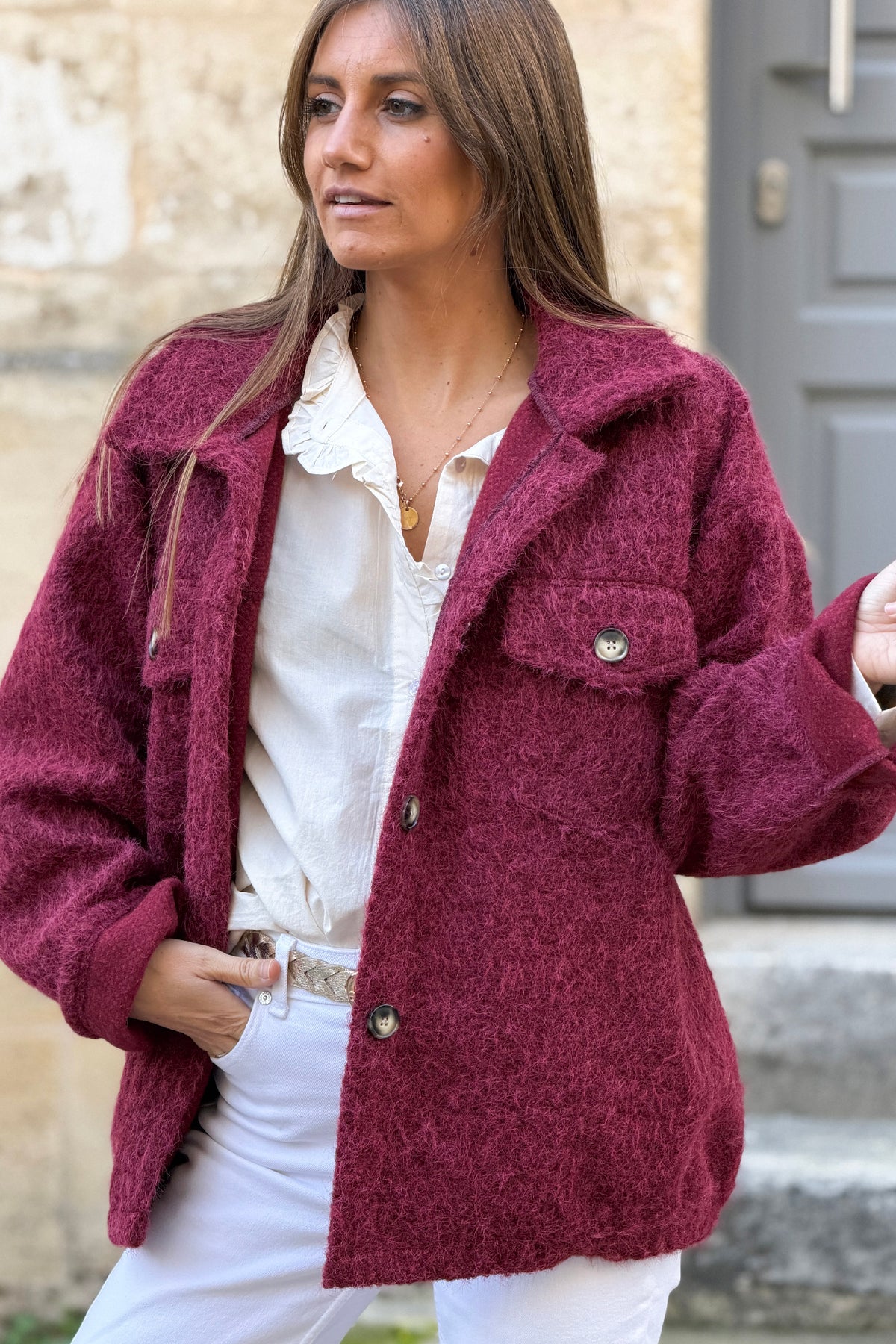 Burgundy Fuzzy Knit Sweater Coat
