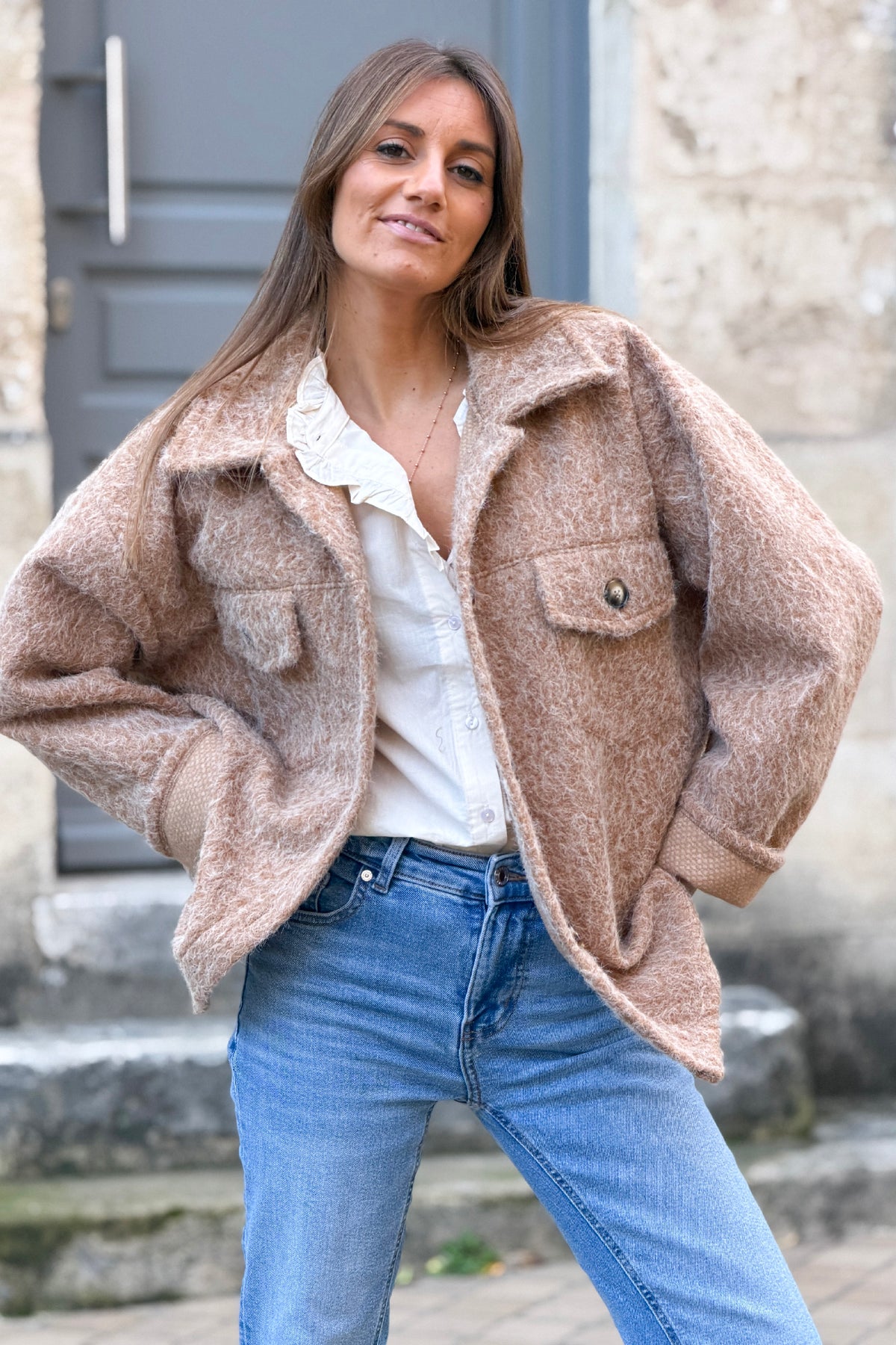 Camel Fuzzy Knit Sweater Coat