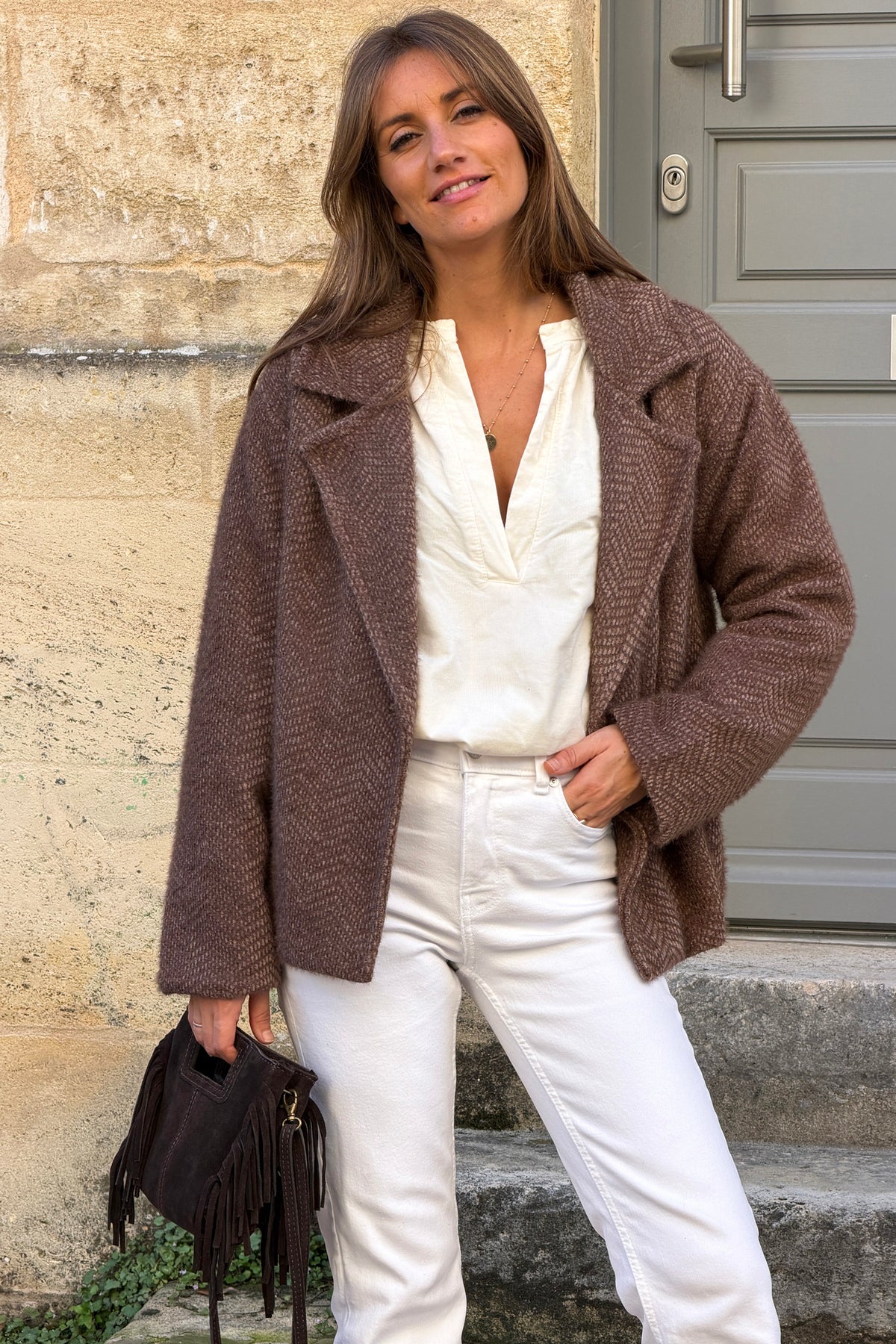 Manteau marron chocolat court doux en maille chenille