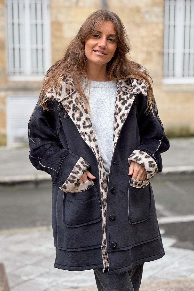 Black Velvet Hooded Jacket with Leopard Trim
