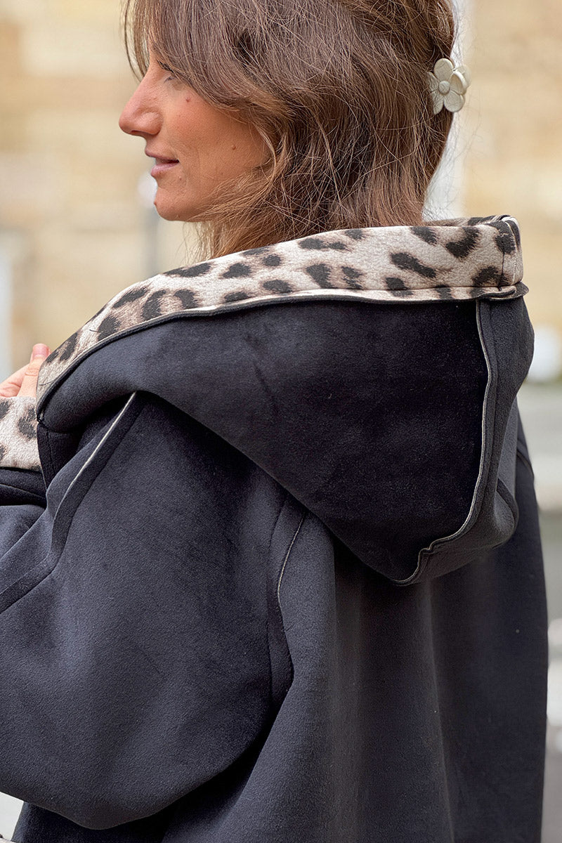 Black Velvet Hooded Jacket with Leopard Trim