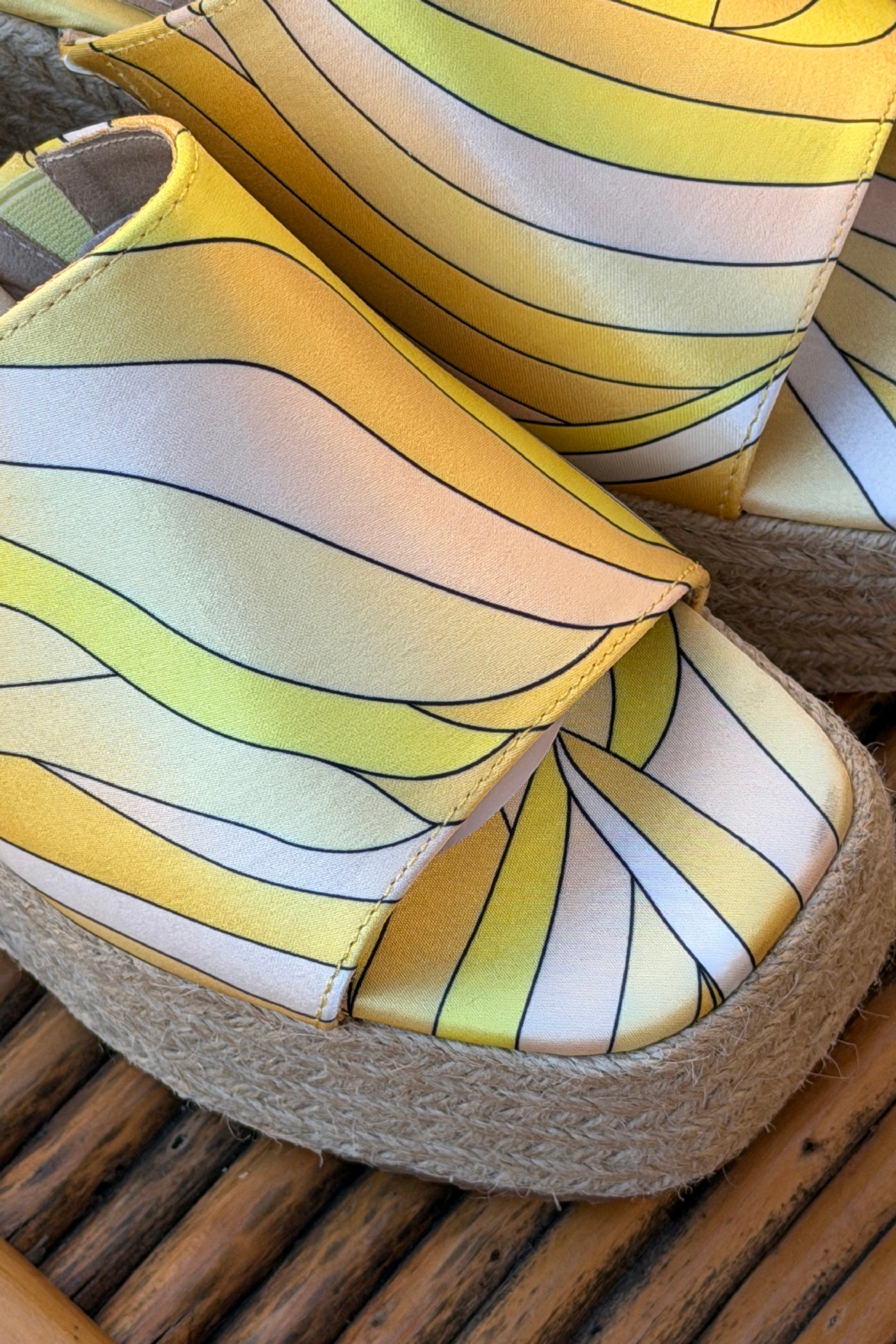 Yellow Sateen Groovy Espadrille Platform Mules

