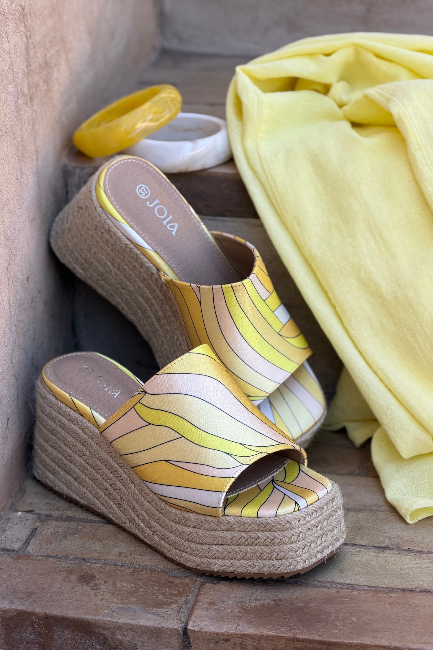Yellow Sateen Groovy Espadrille Platform Mules
