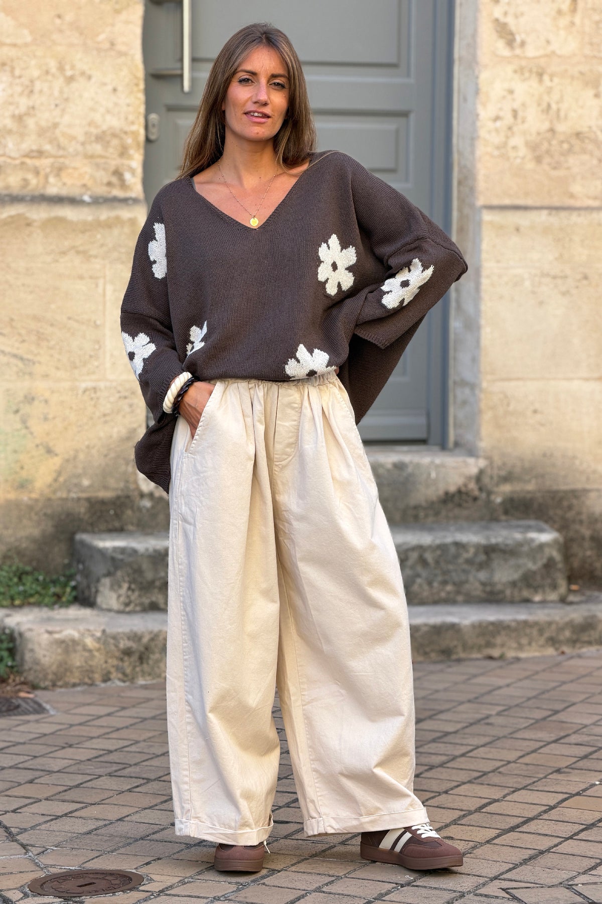 Pantalon beige coupe ballon confort taille élastique