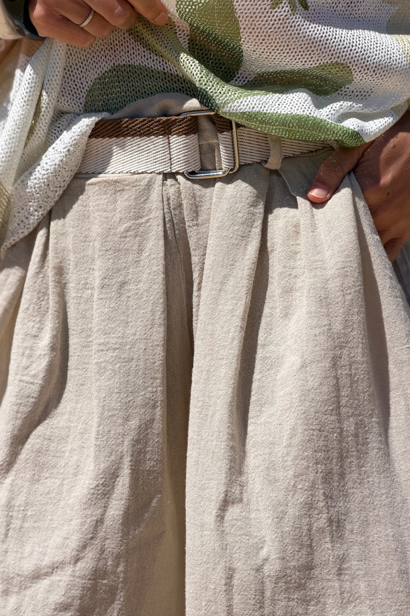 Beige Gauze Belted Ultra Wide-Leg Pants