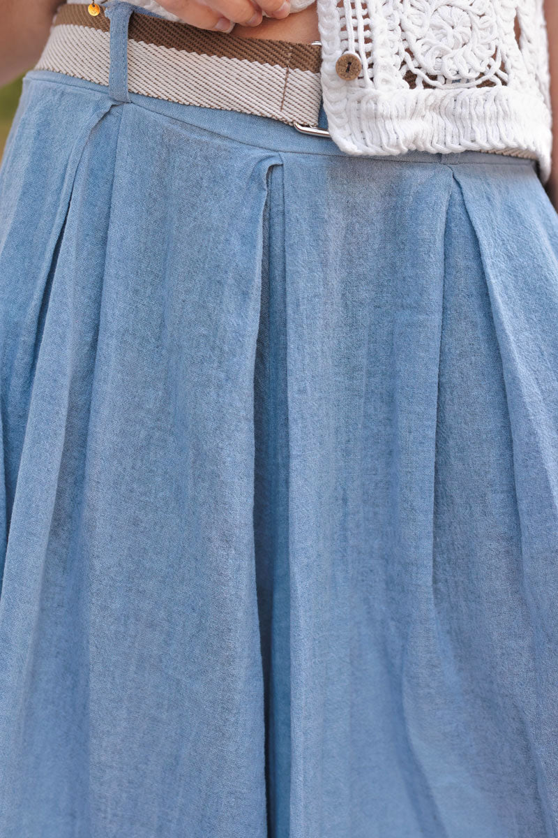 Pantalon bleu jean délavé en coton très large et évasé avec ceinture