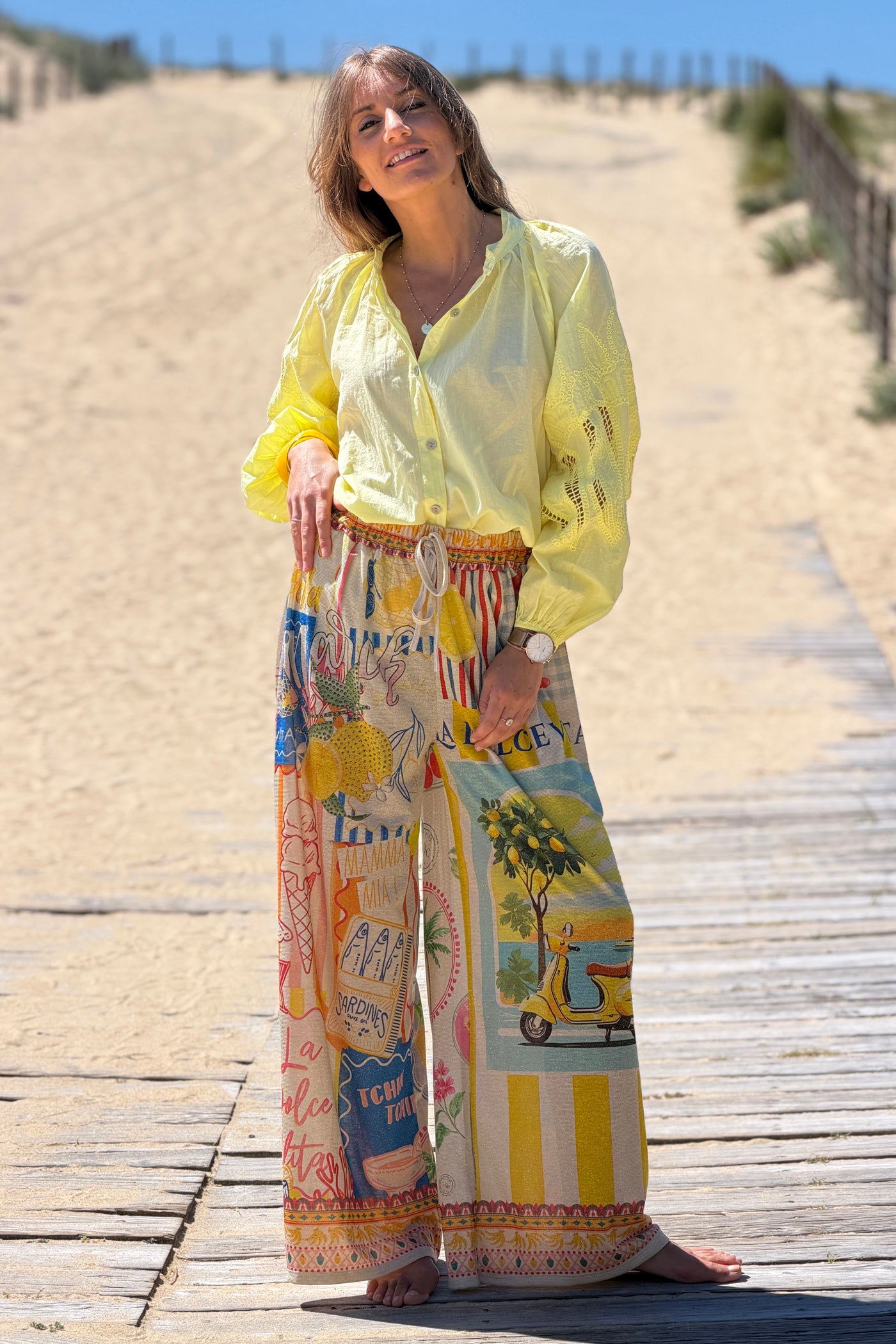Cream Mediterranean Vintage Postcard Glitter Knit Pants 
