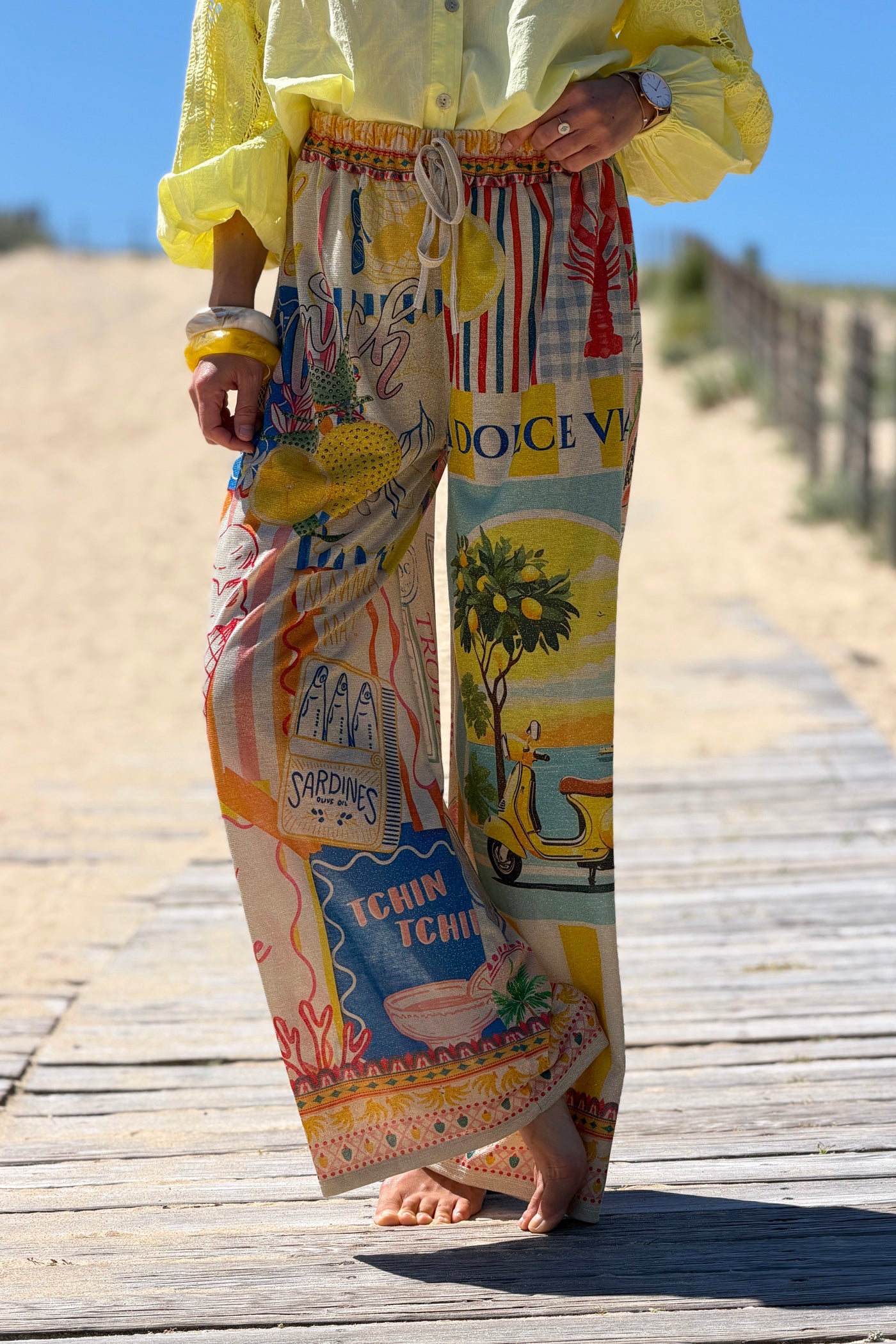 Cream Mediterranean Vintage Postcard Glitter Knit Pants 
