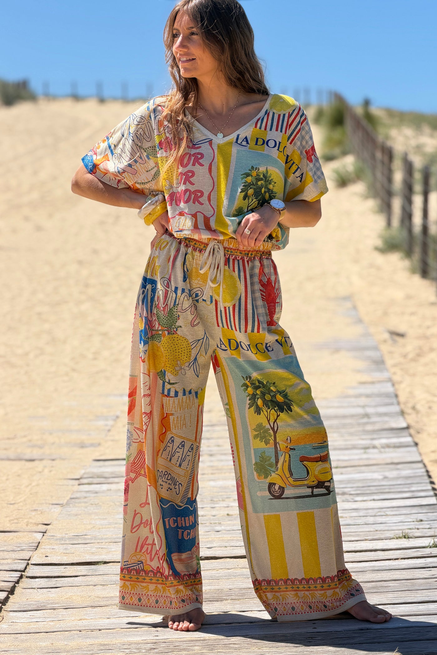 Cream Mediterranean Vintage Postcard Glitter Knit Pants 

