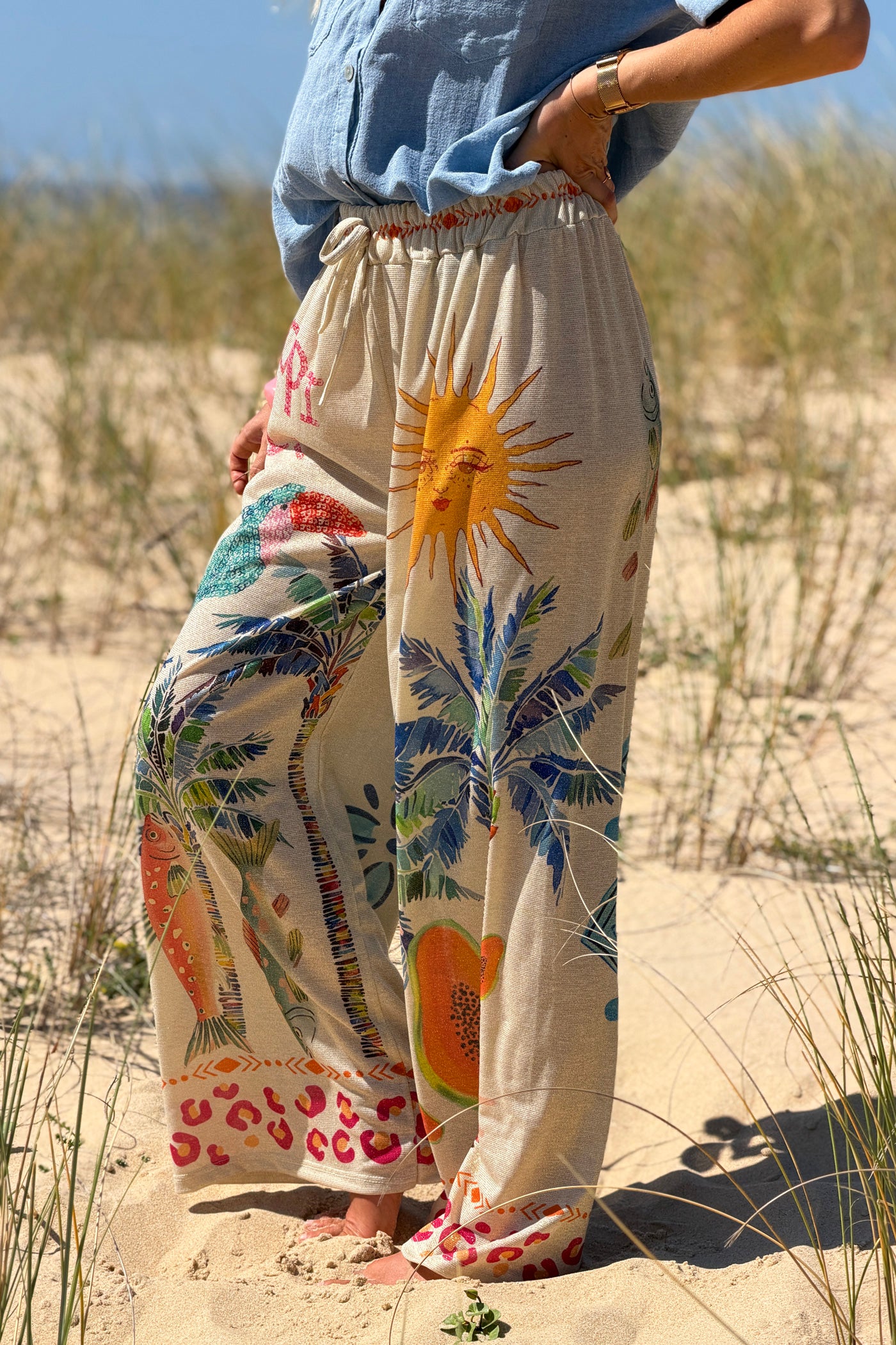 Beige Tropical Abstract Glitter Knit Pants