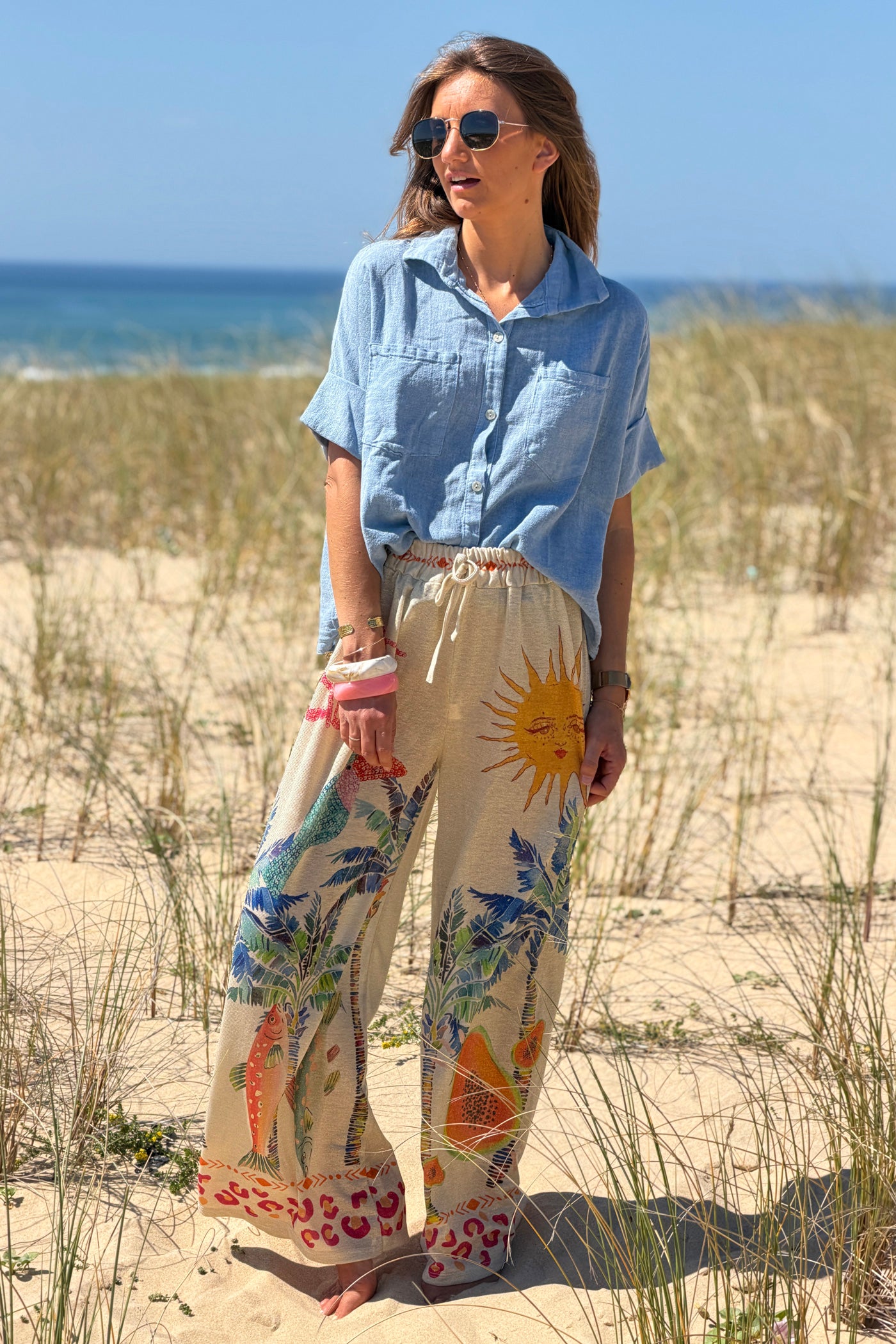 Beige Tropical Abstract Glitter Knit Pants