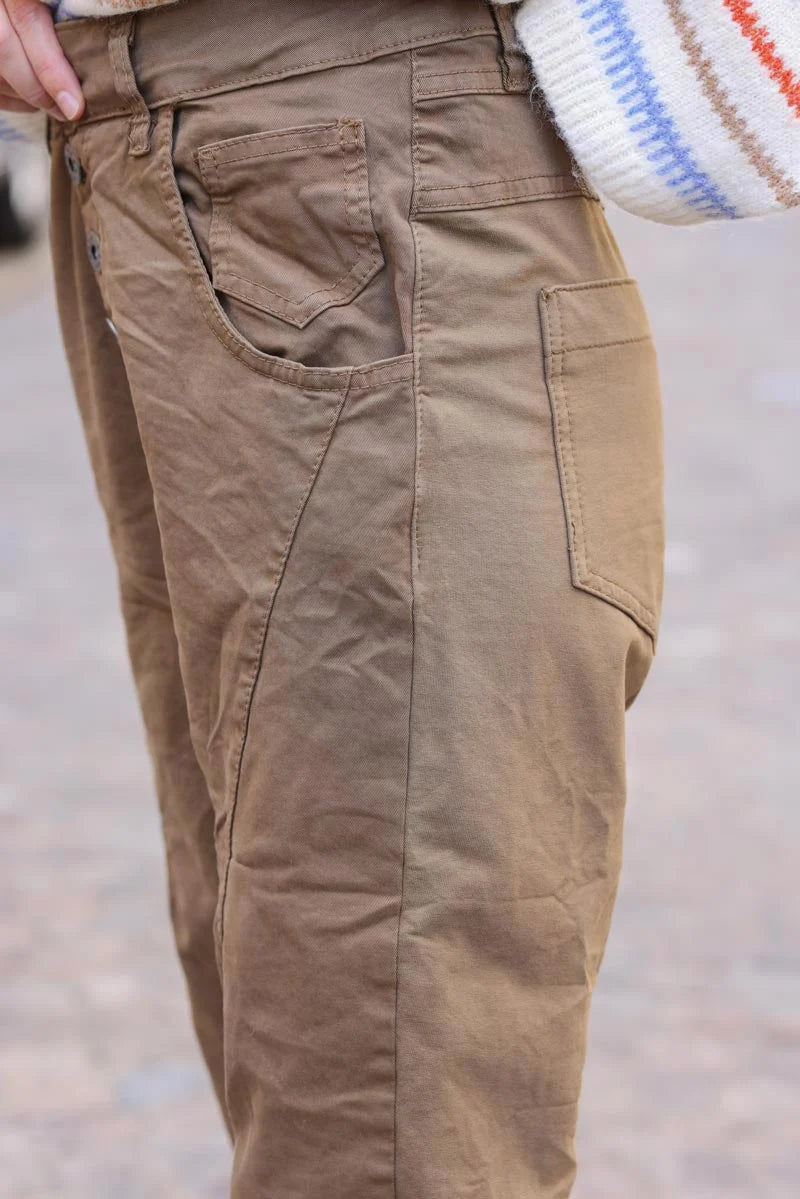 Camel coloured bi-material trousers with buttons