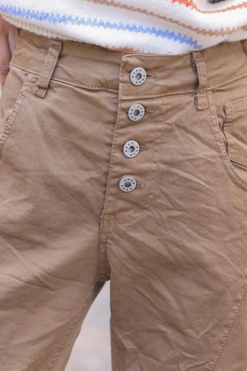 Camel coloured bi-material trousers with buttons