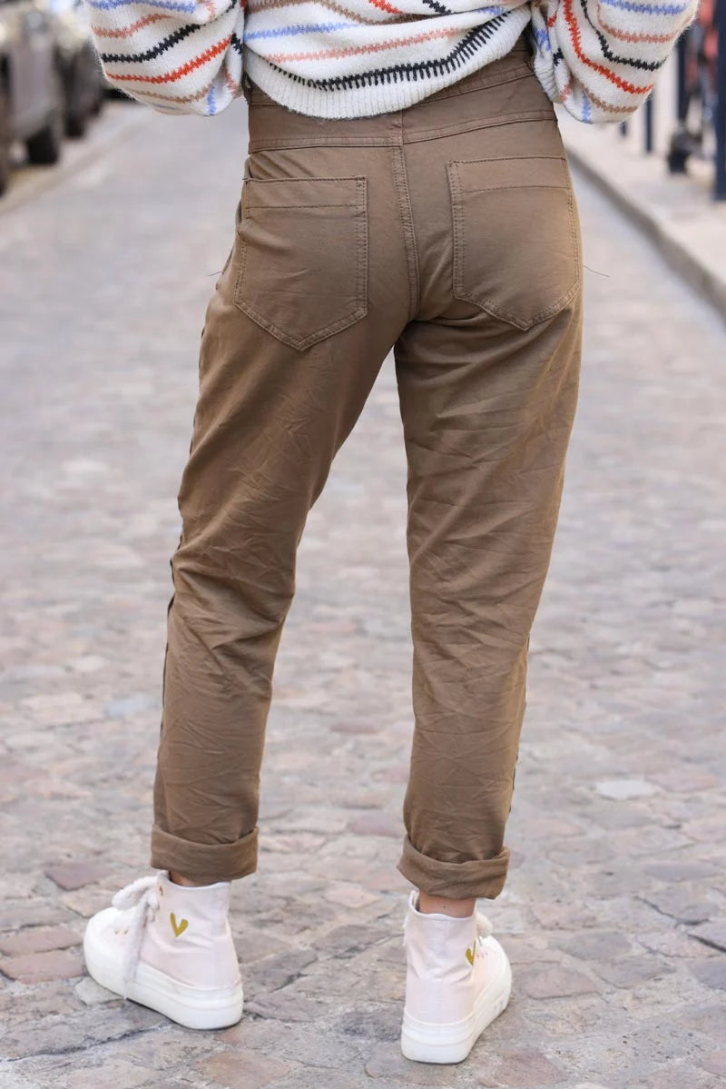 Camel coloured bi-material trousers with buttons