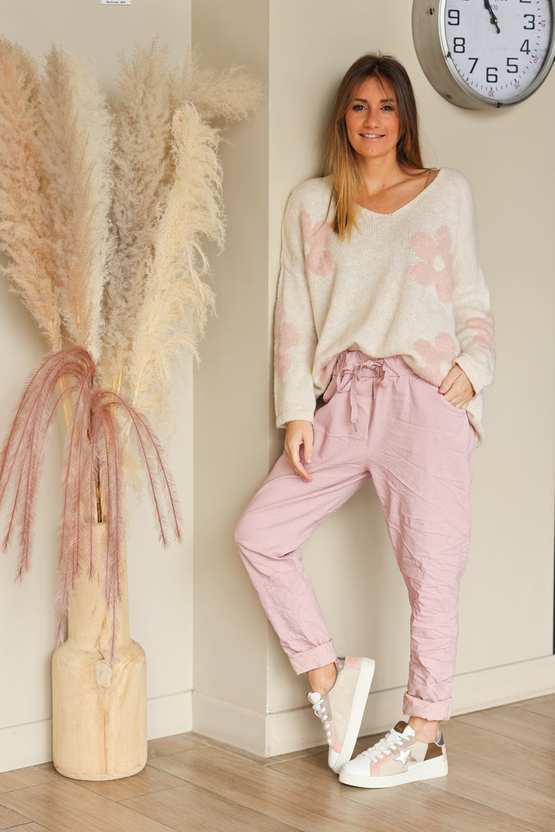 Soft pink comfort and stretch fabric pants with a glitter star