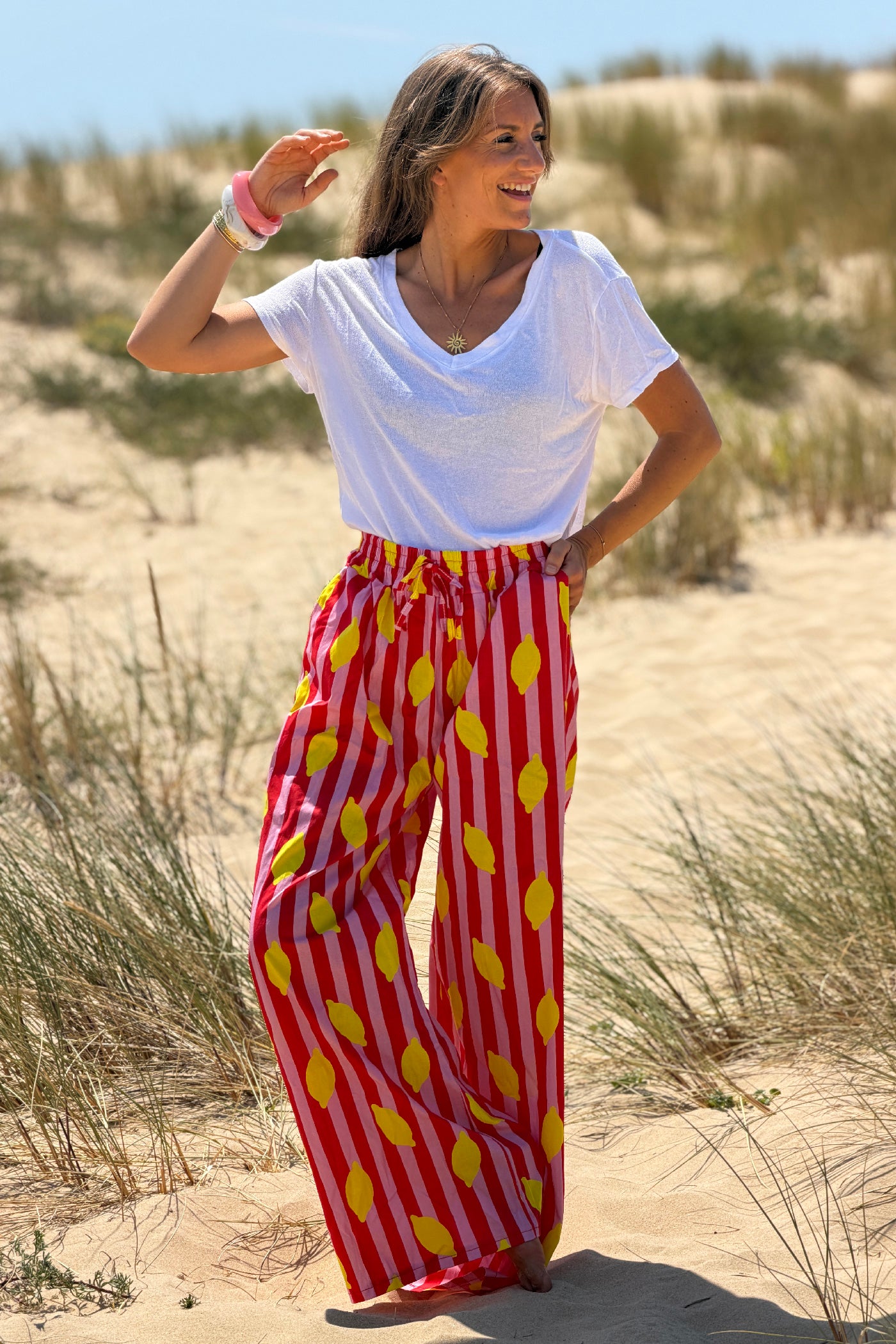 Pink Lemon Stripe Drawstring Palazzo Pants
