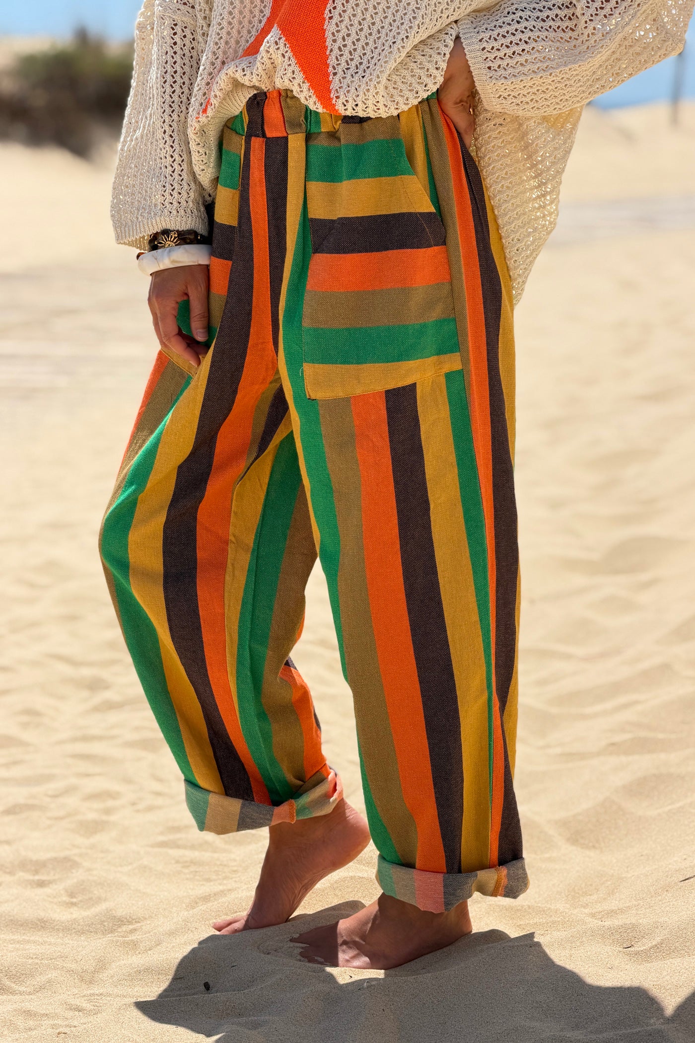Yellow Colorblock Striped Beach Pants
