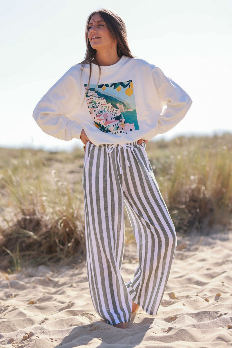 Pantalones anchos de gasa de algodón a rayas color caqui con cinturilla elástica