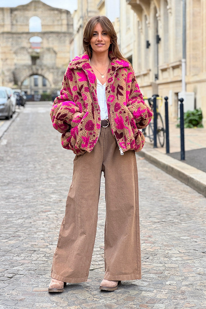 Pantalon en velours côtelé camel stretch coupe large wide leg avec ceinture tressée