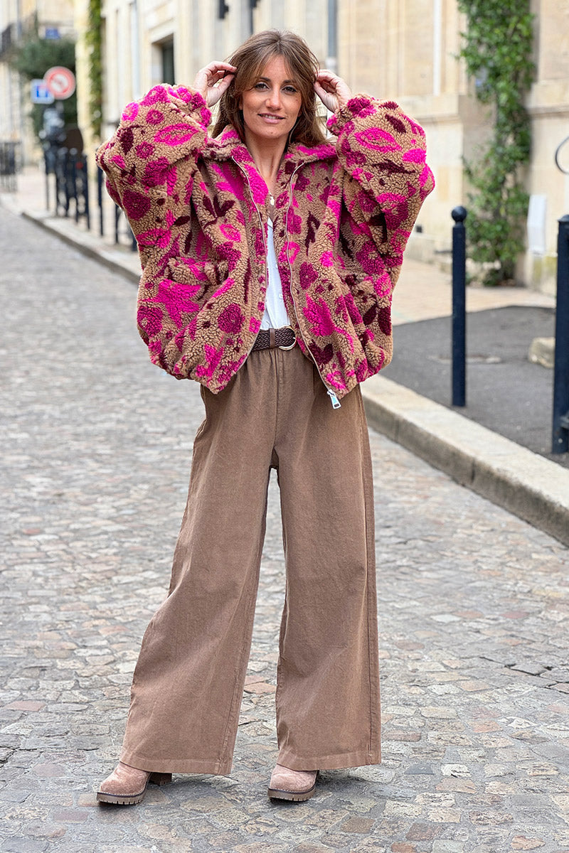 Pantalon en velours côtelé camel stretch coupe large wide leg avec ceinture tressée