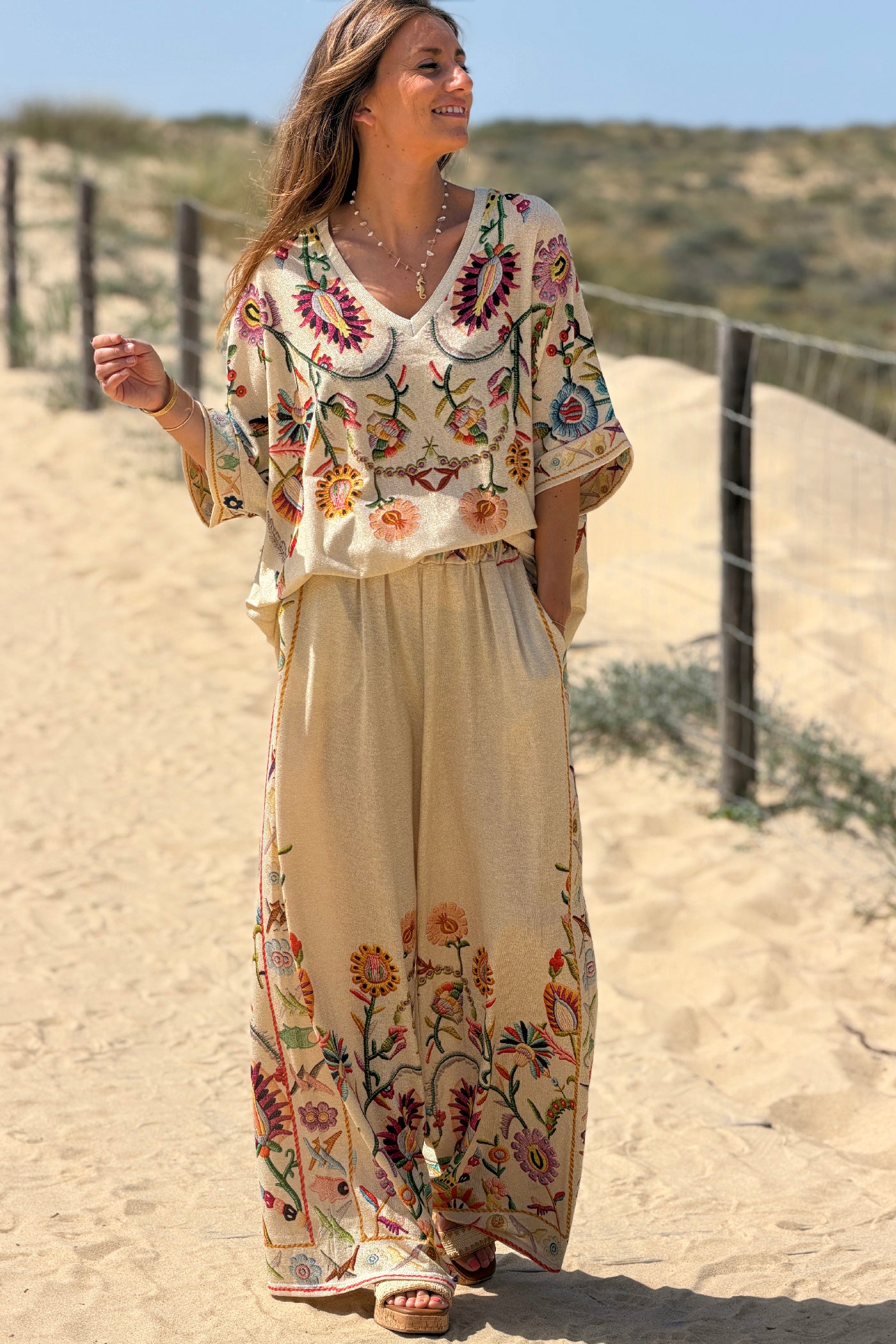 Beige Embroidered effect Folk Garden Pull-On Pants